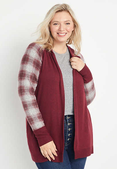 Plus Size Red Plaid Hooded Cardigan