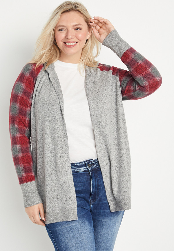 Plus Size Gray Plaid Hooded Cardigan | maurices