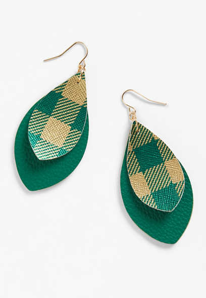 Green and Gold Plaid Teardrop Earrings