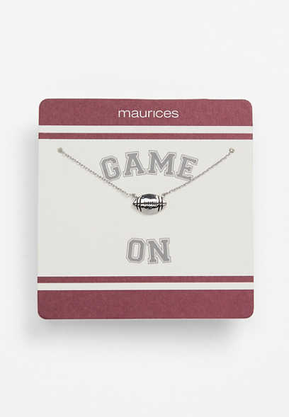 Maroon and White Carded Silver Football Necklace