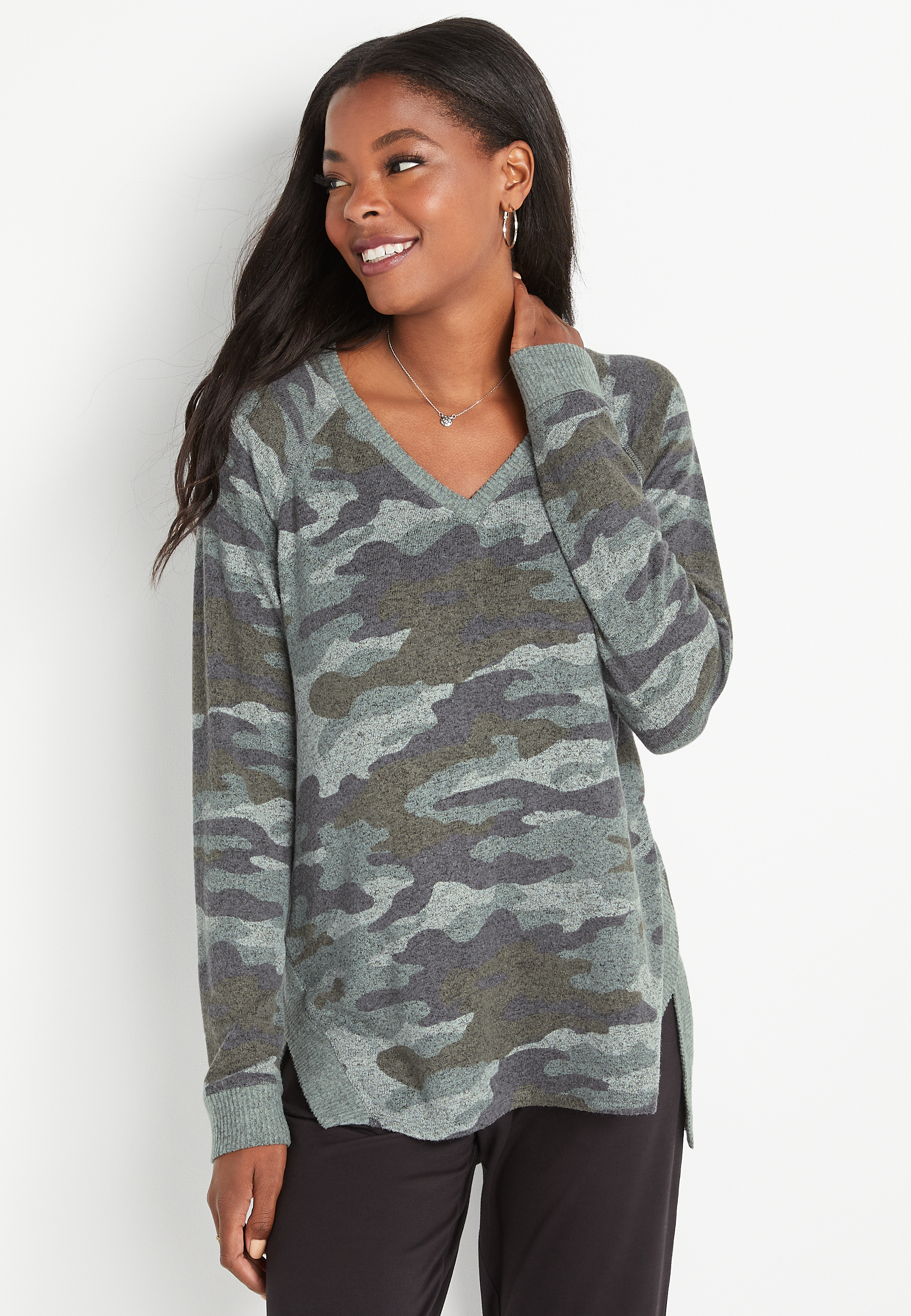 Haven Cozy Camo V Neck Sweatshirt | maurices