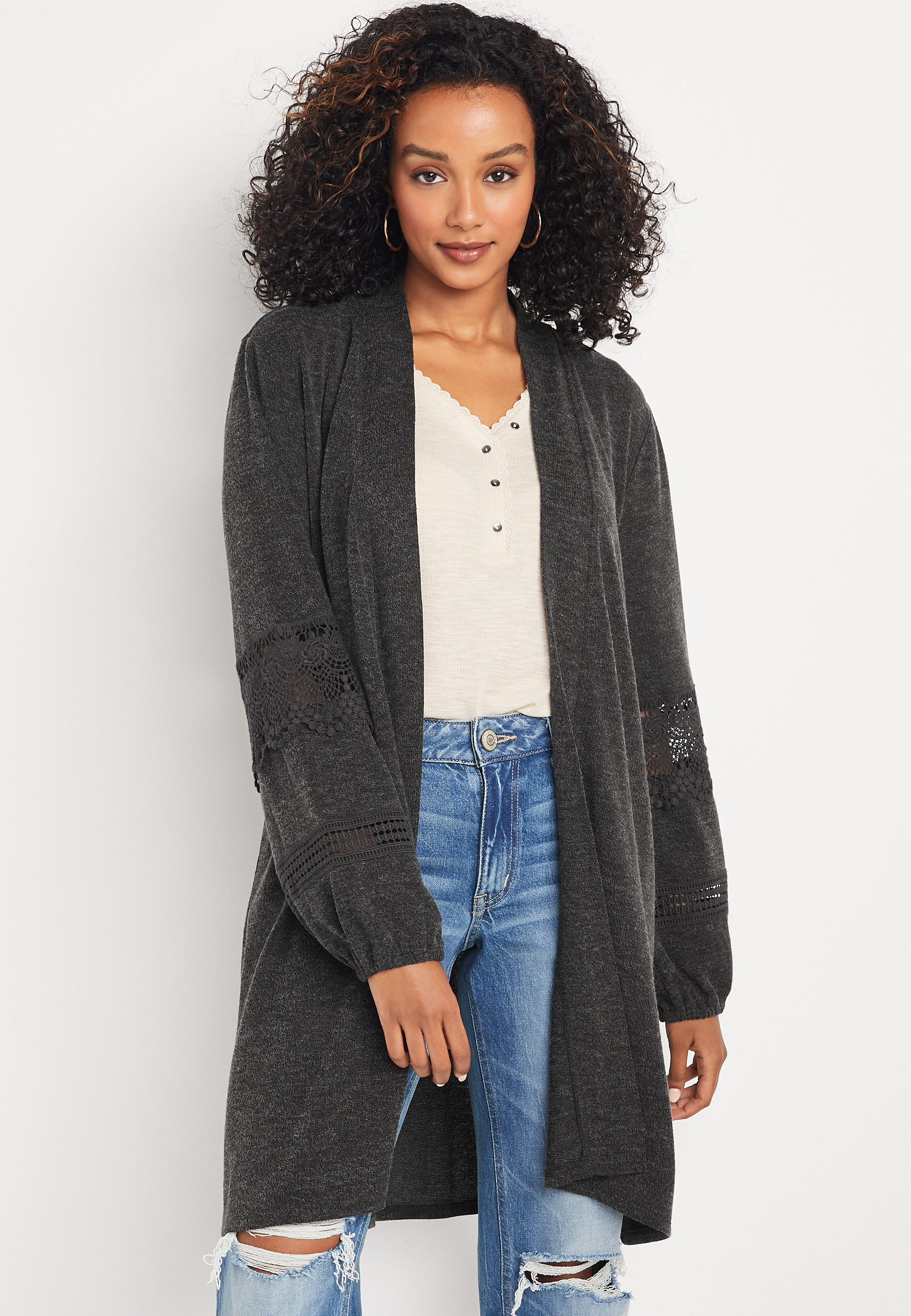 Solid Crochet Long Sleeve Cardigan | maurices