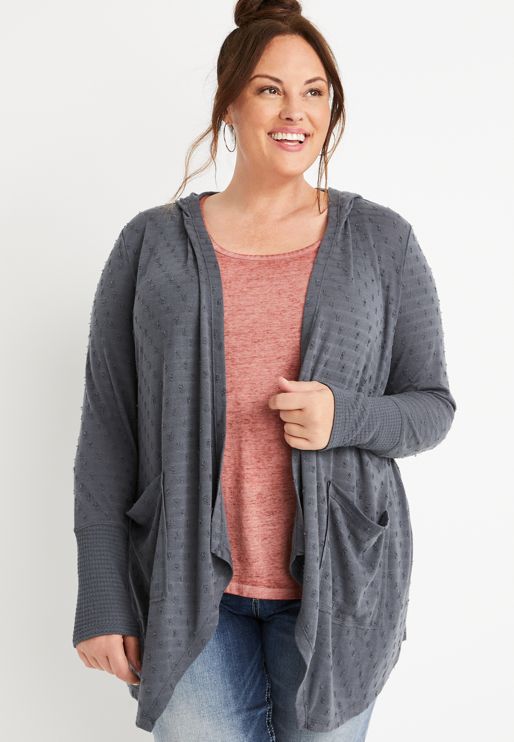 Plus Size Gray Textured Hooded Cardigan | maurices
