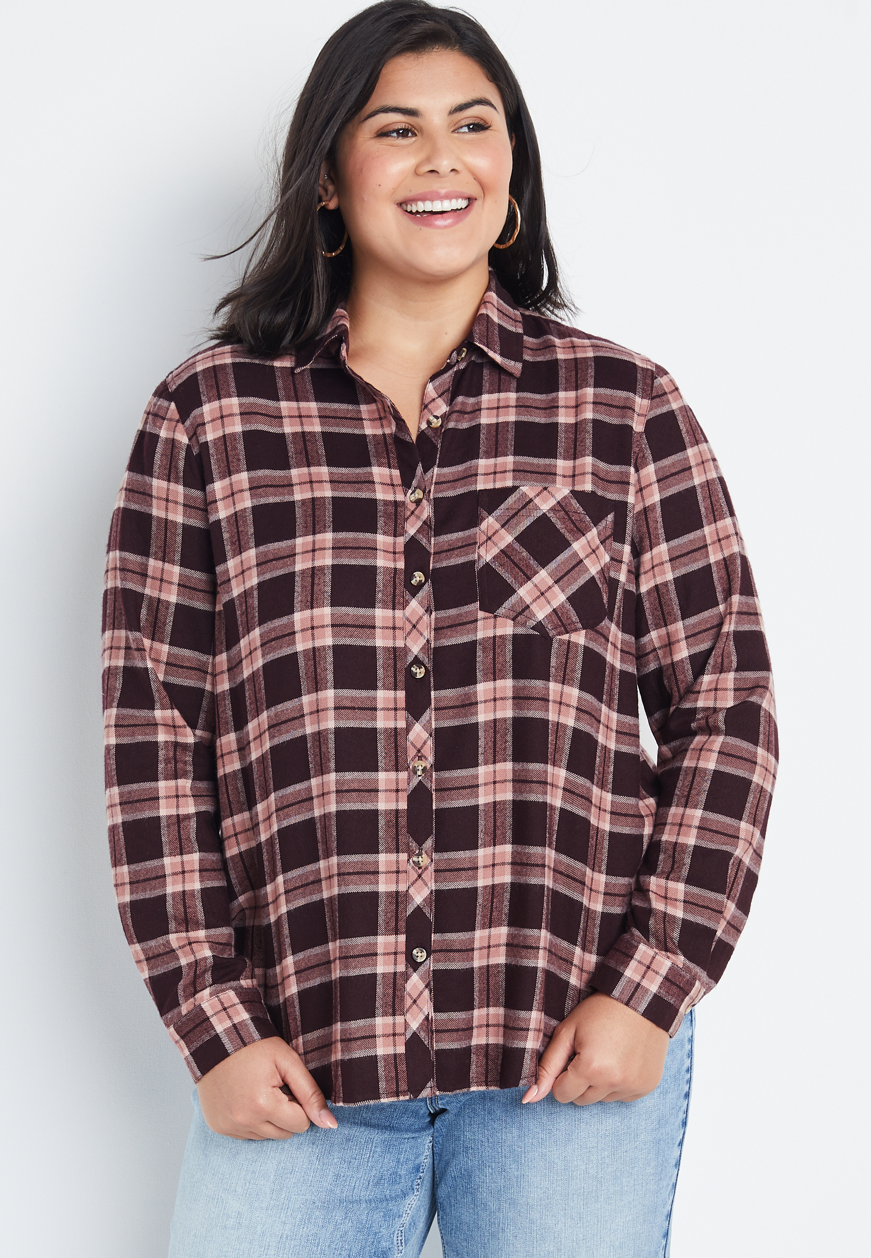 Plus Size Cabin Plaid Super Soft Brown Button Down Shirt | maurices