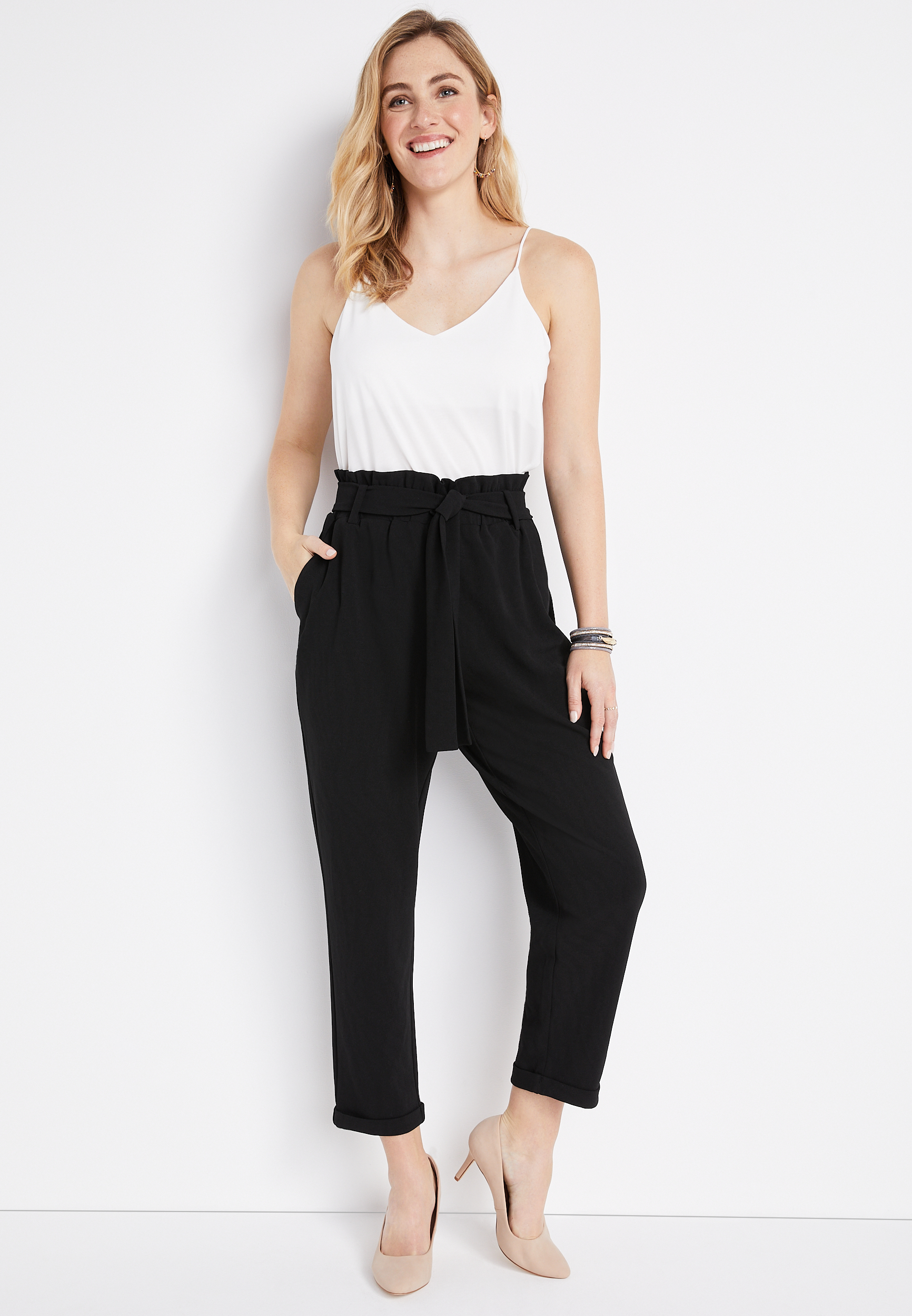 Paper Bag High Rise Tie Waist Crepe Pant, , large