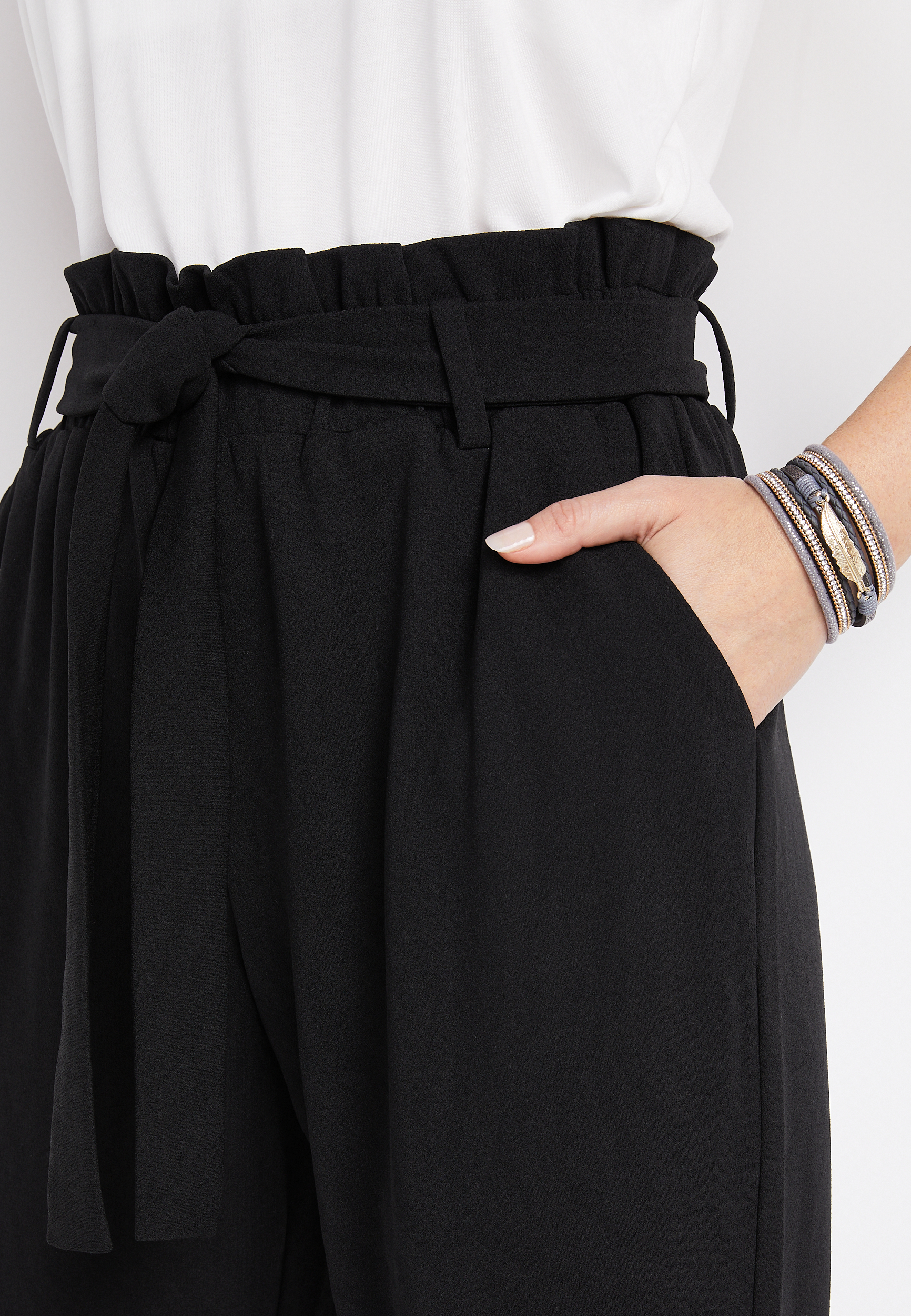 Paper Bag High Rise Tie Waist Crepe Pant, , large