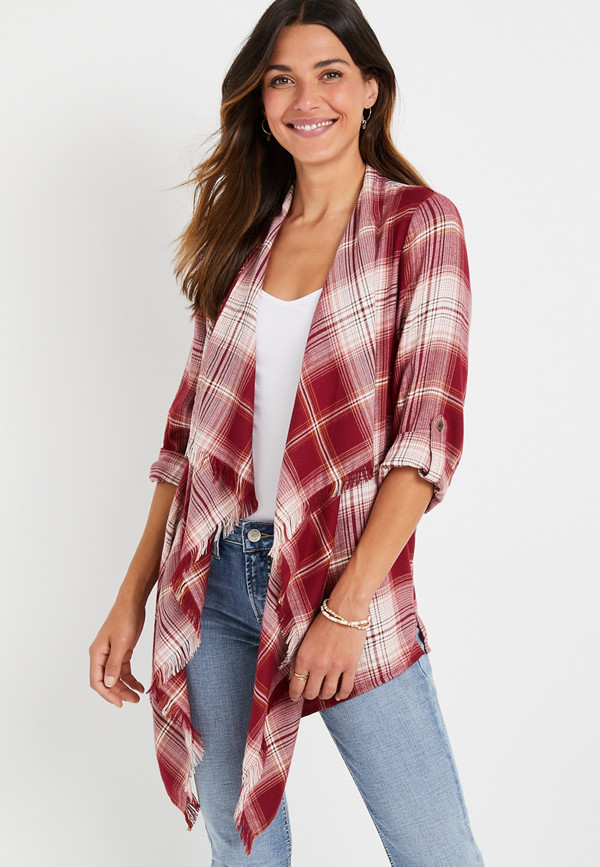 Red Plaid Cascade Front Frayed Kimono | maurices