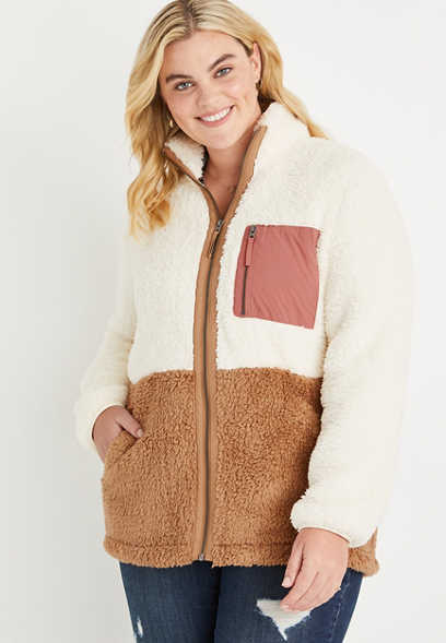 Plus Size Neutral Colorblock Sherpa Jacket