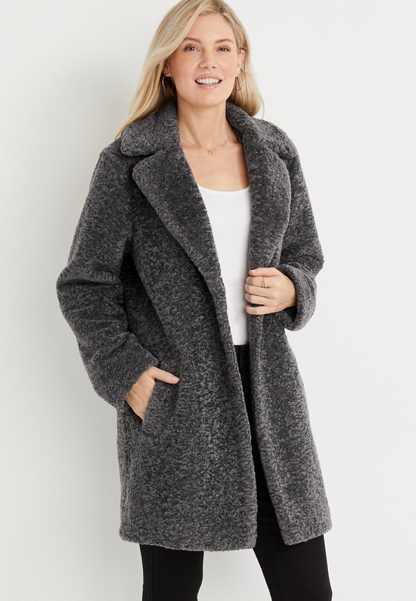 Gray Long Textured Sherpa Jacket | maurices