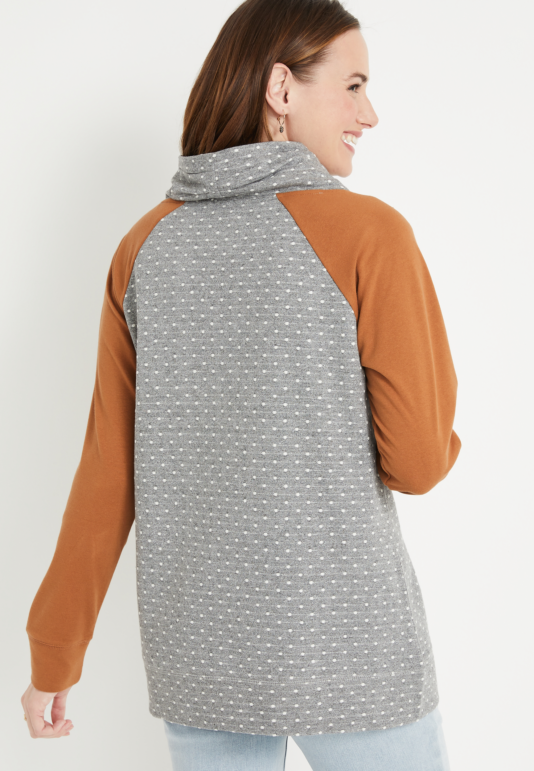 Gold Polka Dot Asymmetric Cowl Neck Sweatshirt, C1755, large