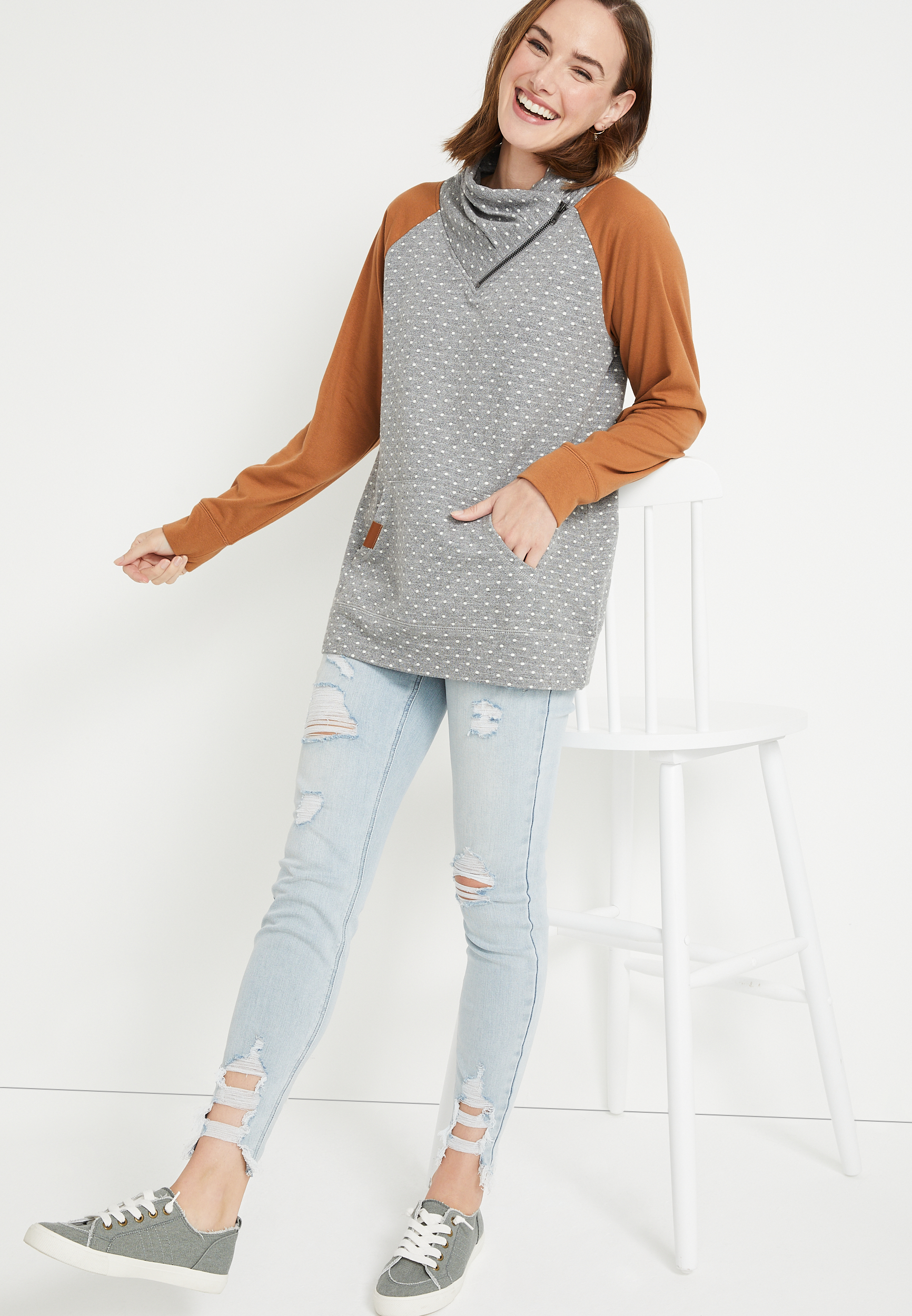 Gold Polka Dot Asymmetric Cowl Neck Sweatshirt, C1755, large