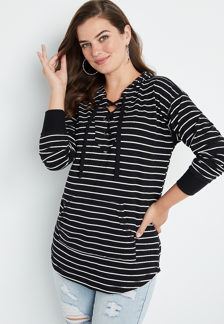 Striped Lace Up Hoodie Striped Lace Up Hoodie