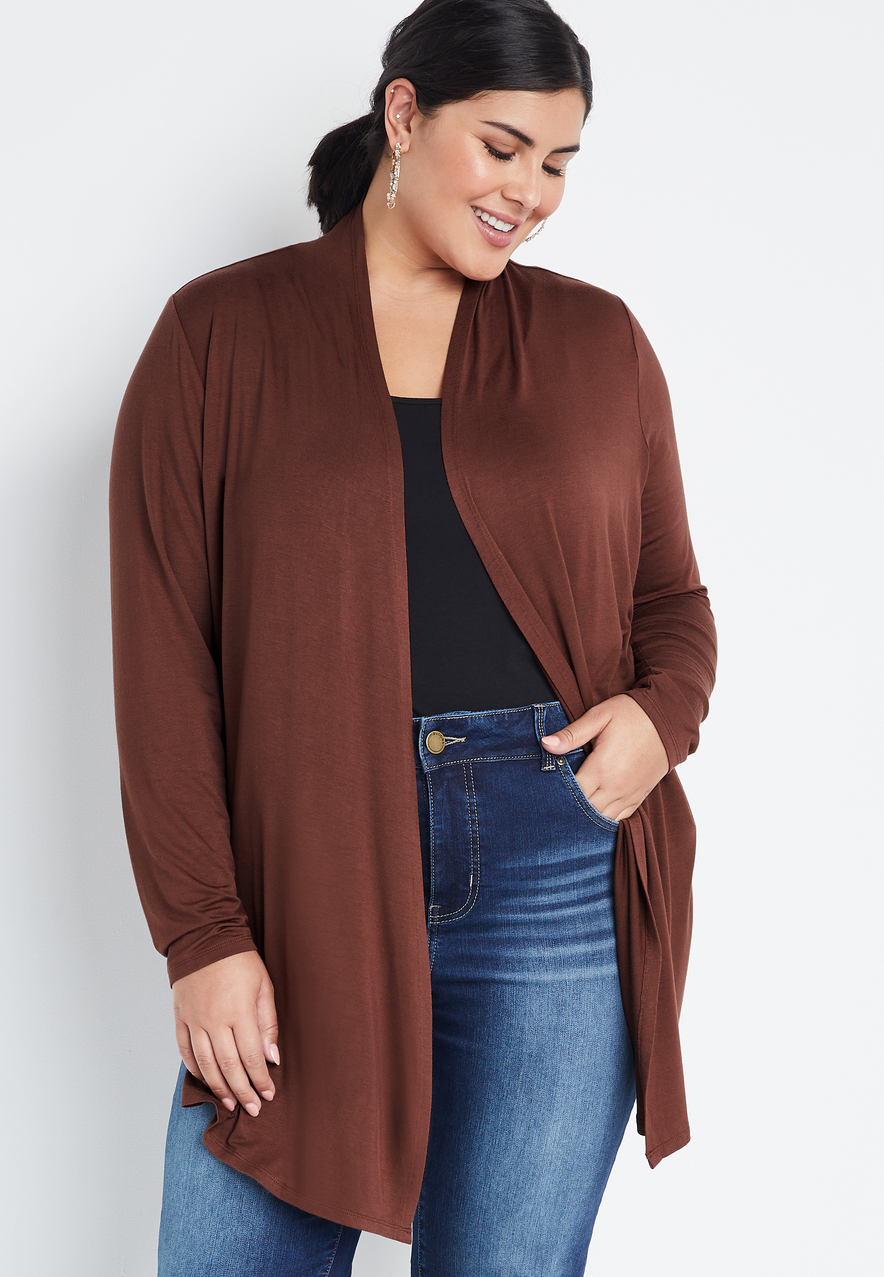 Plus Size Brown Long Sleeve Open Front Cardigan | maurices