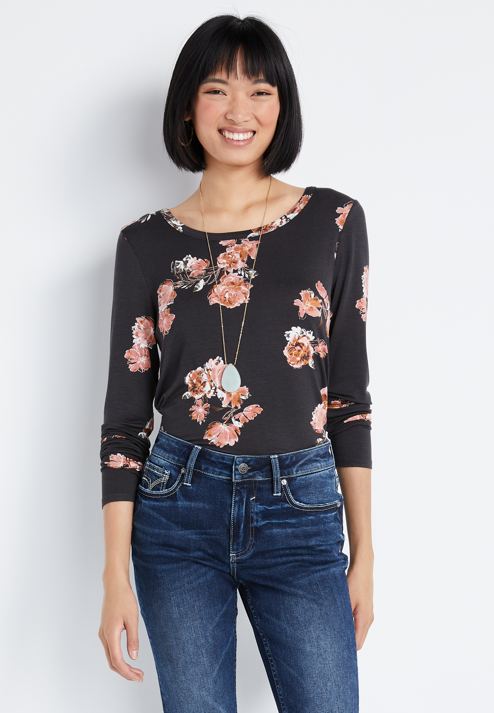 24/7 Gray Floral Long Sleeve Tee maurices