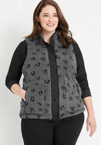 Plus Size Gray Leopard Sherpa Vest