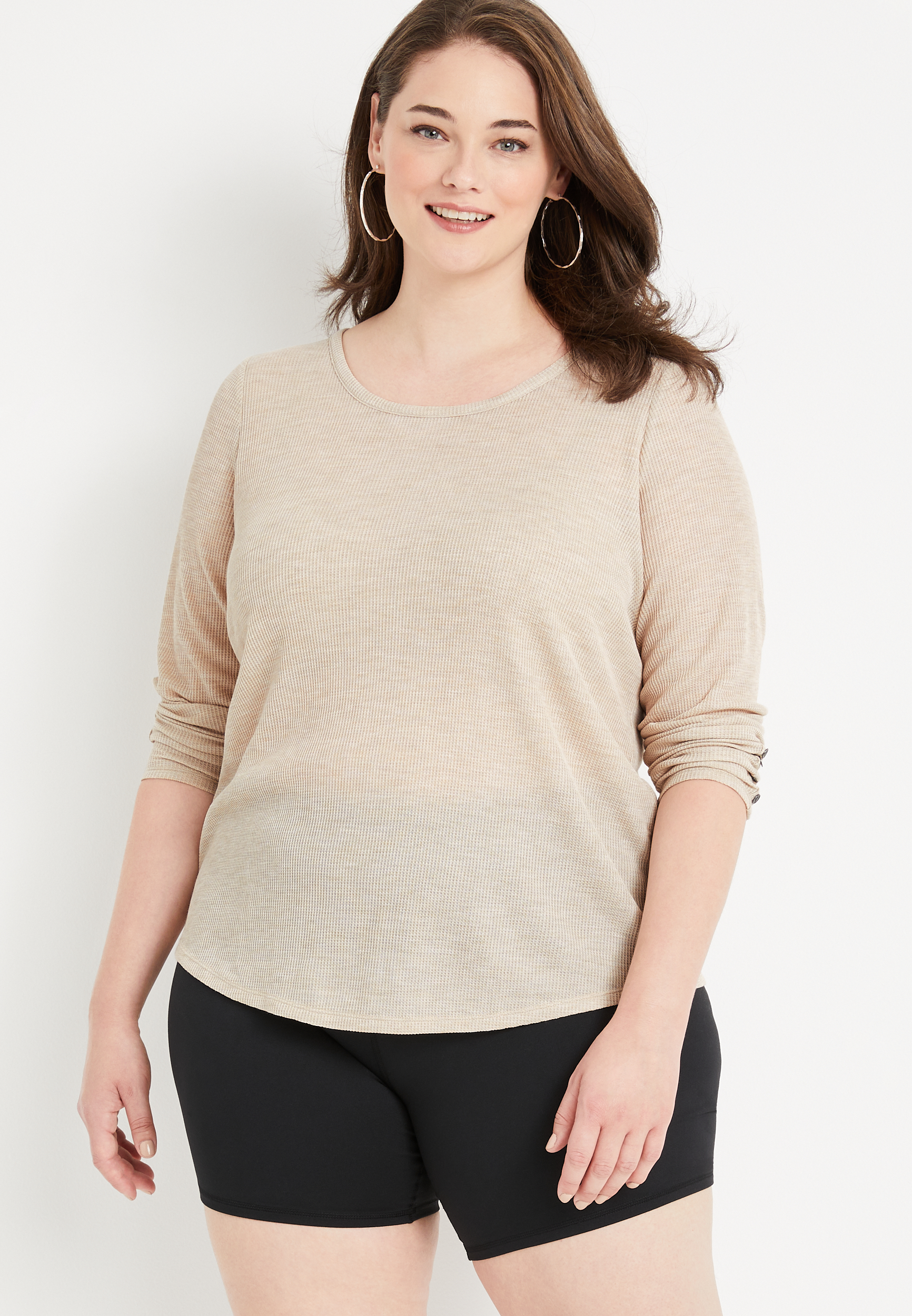 Plus Size Casual Waffle Knit Long Sleeve T-Shirt
