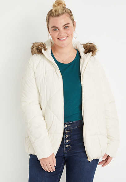 Plus Size White Faux Fur Hooded Puffer Jacket