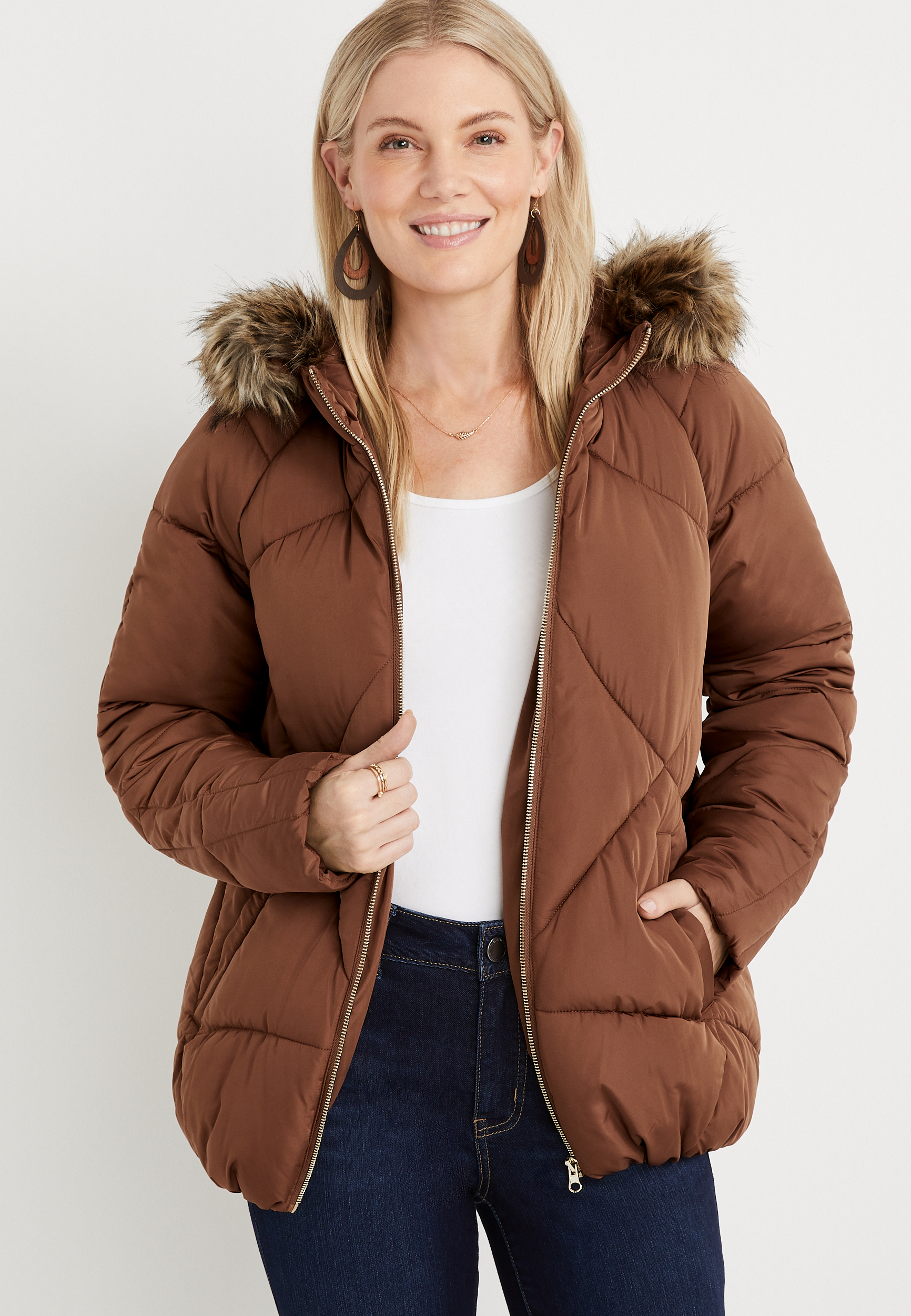 Brown Faux Fur Hooded Puffer Jacket | maurices
