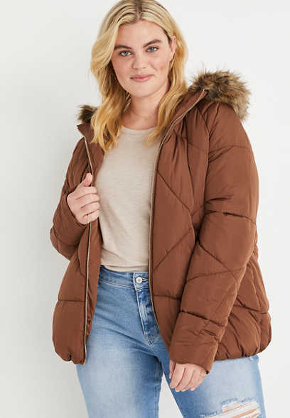 Plus Size Brown Faux Fur Hooded Puffer Jacket