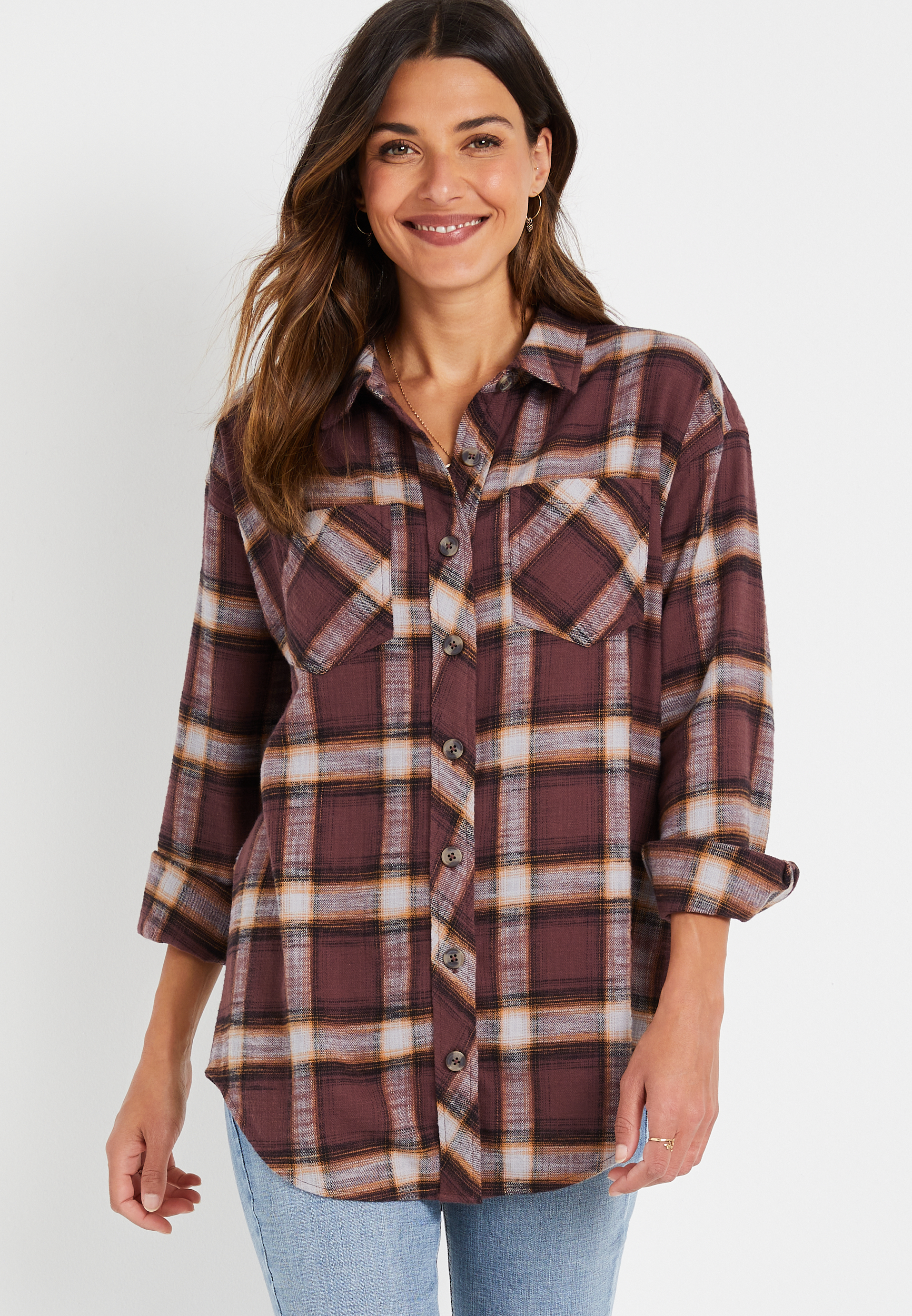 Cabin Plaid Brown Boyfriend Button Down Shirt | maurices