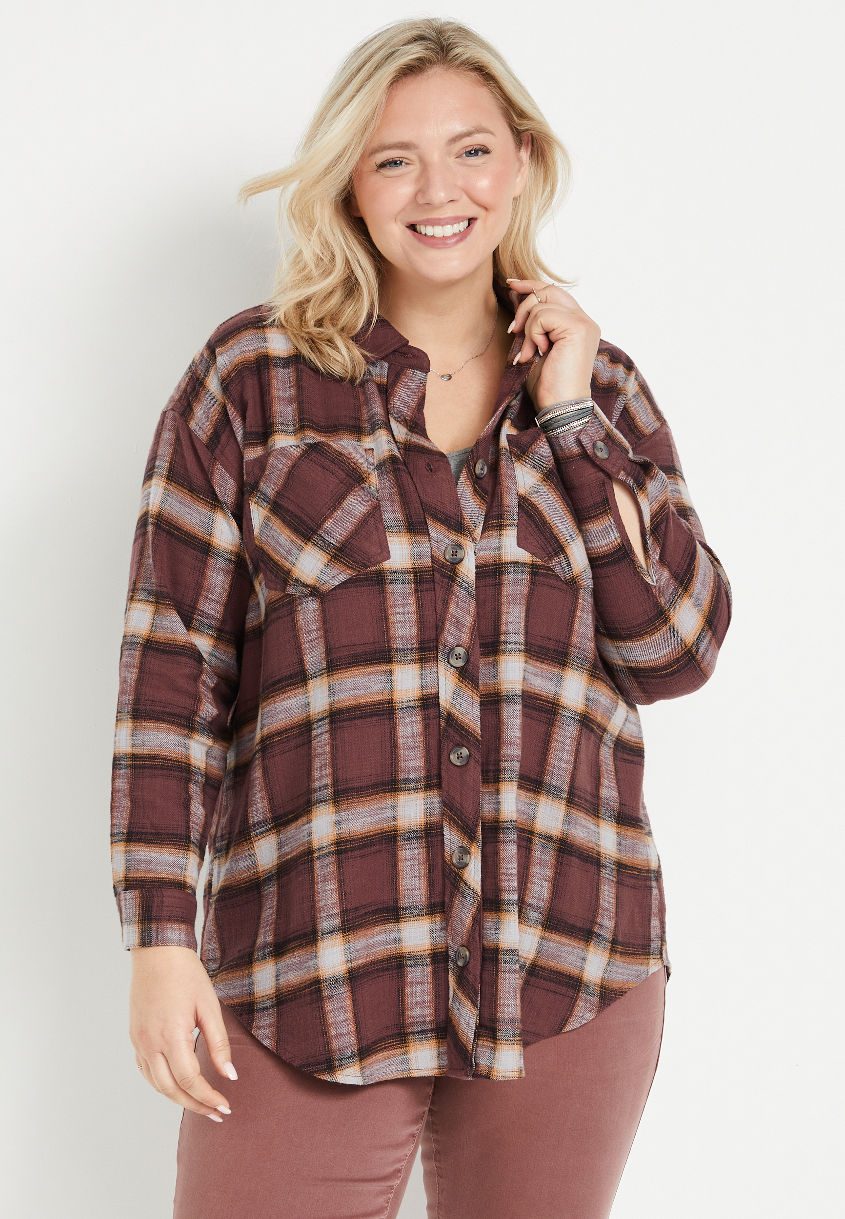 Plus Size Cabin Plaid Brown Oversized Flannel Button Down Shirt | maurices