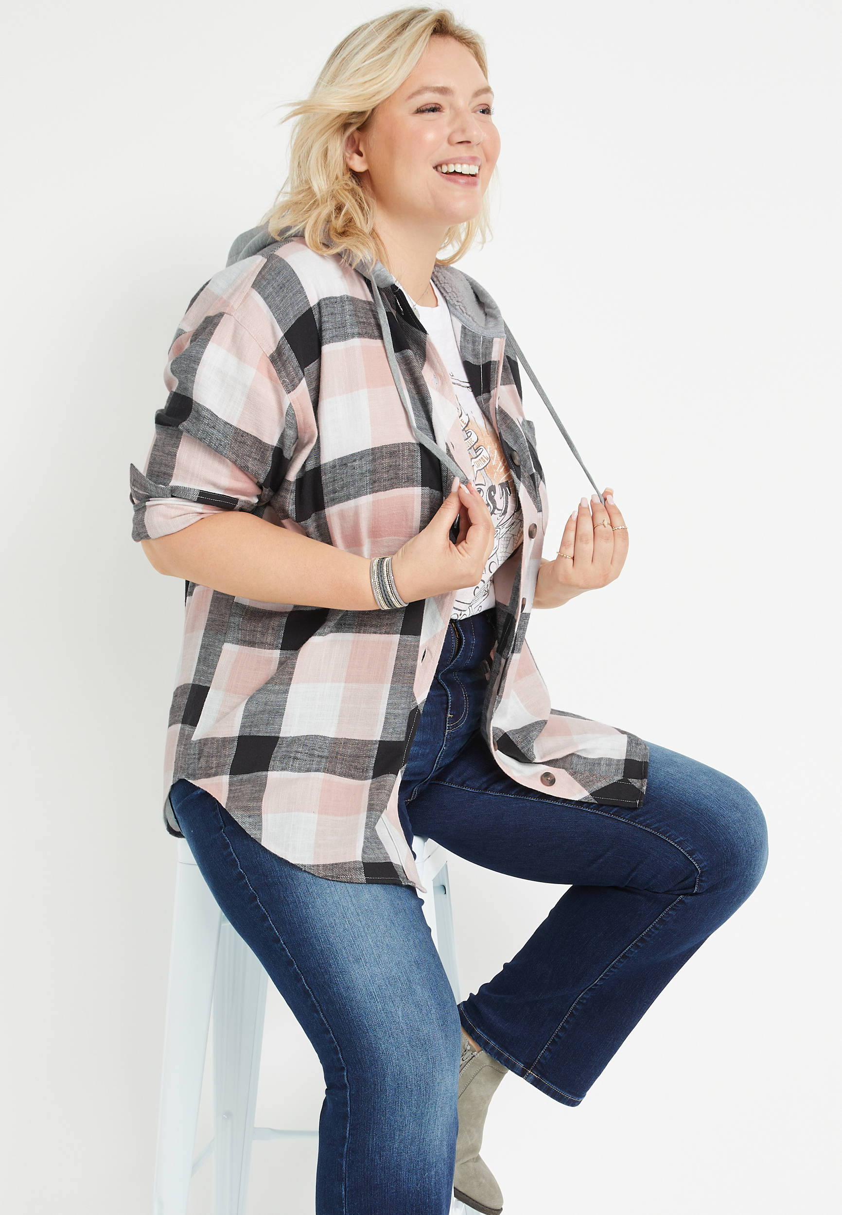 Plus Size Cabin Buffalo Plaid Pink Boyfriend Hooded Flannel | maurices