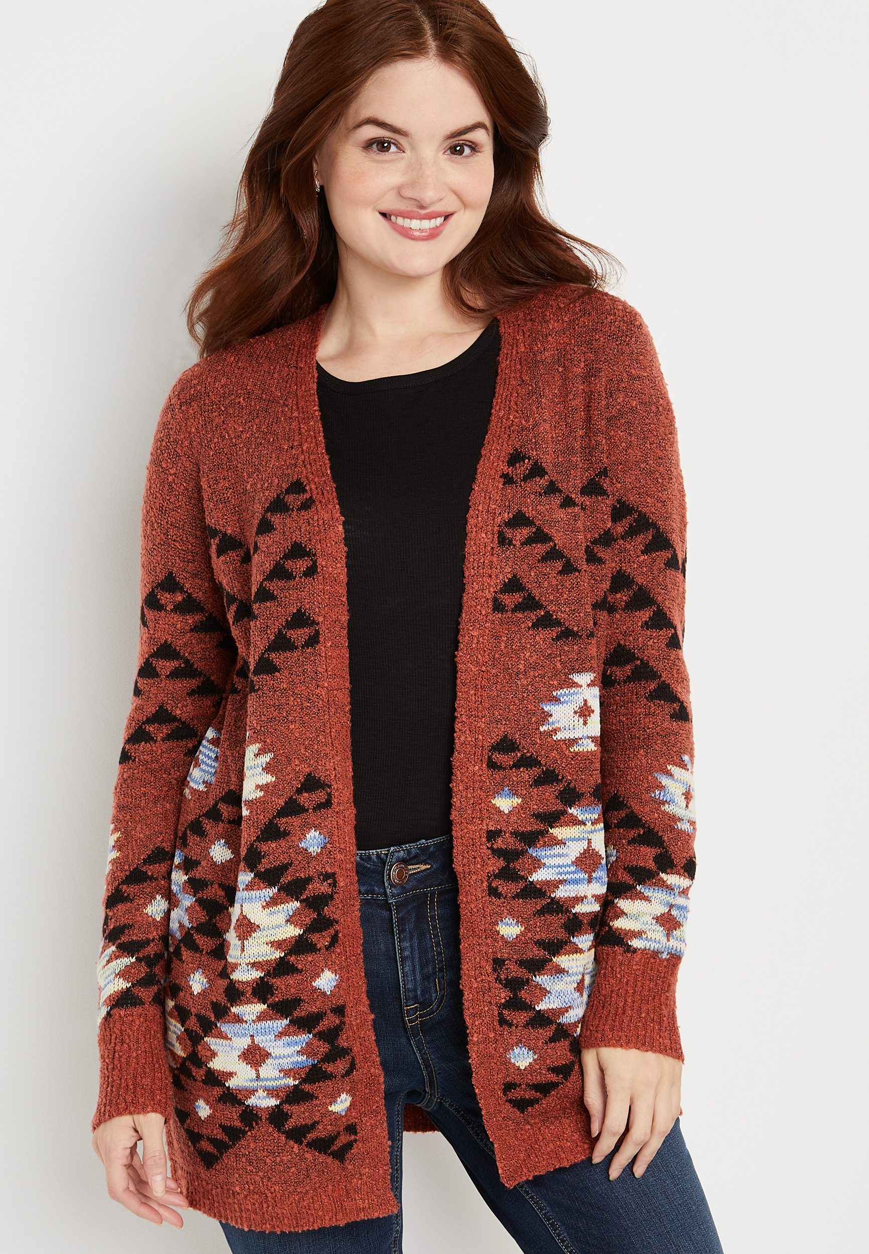 Dark Red Mixed Print Cardigan | maurices