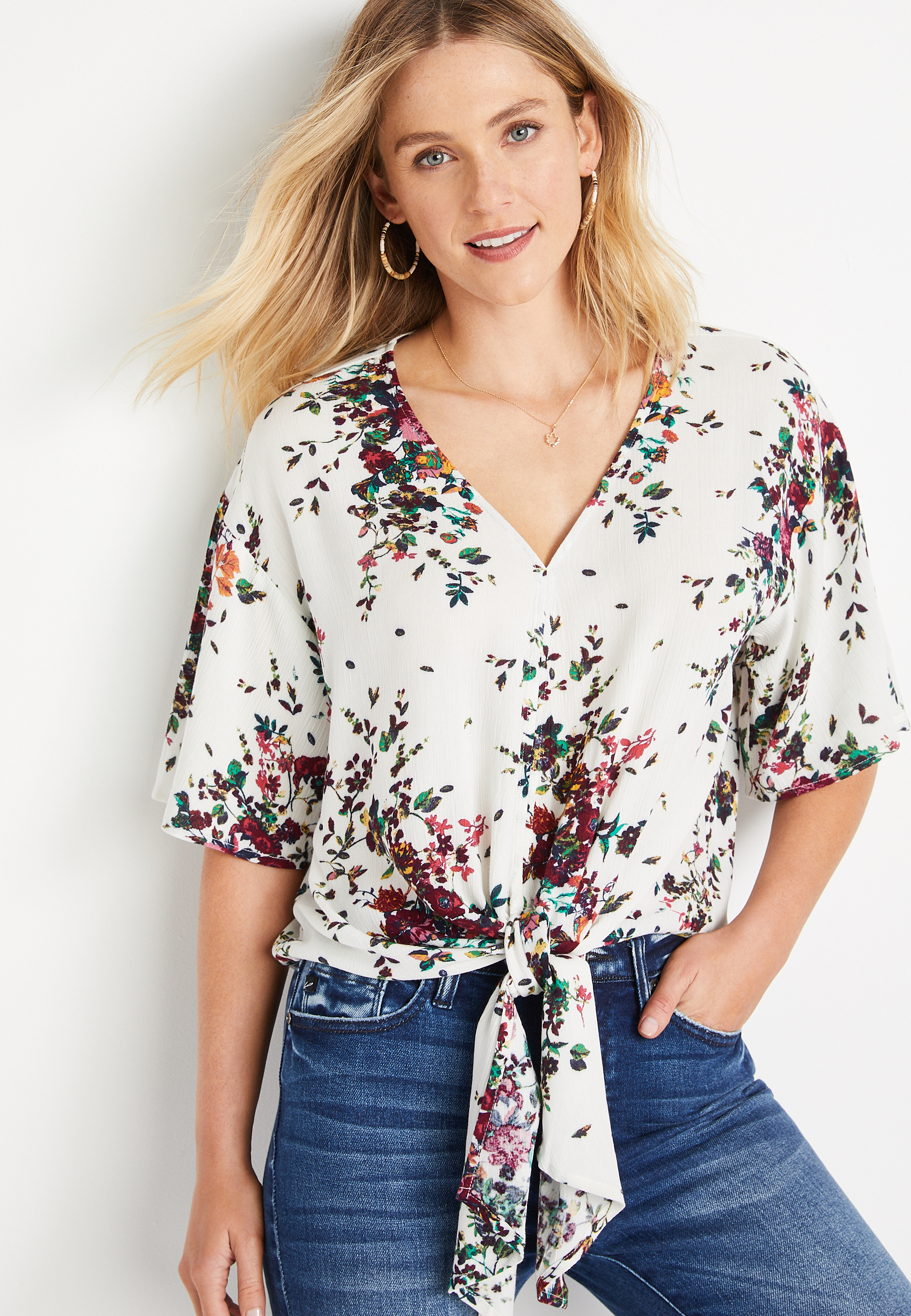 White Floral Tie Front Top | maurices