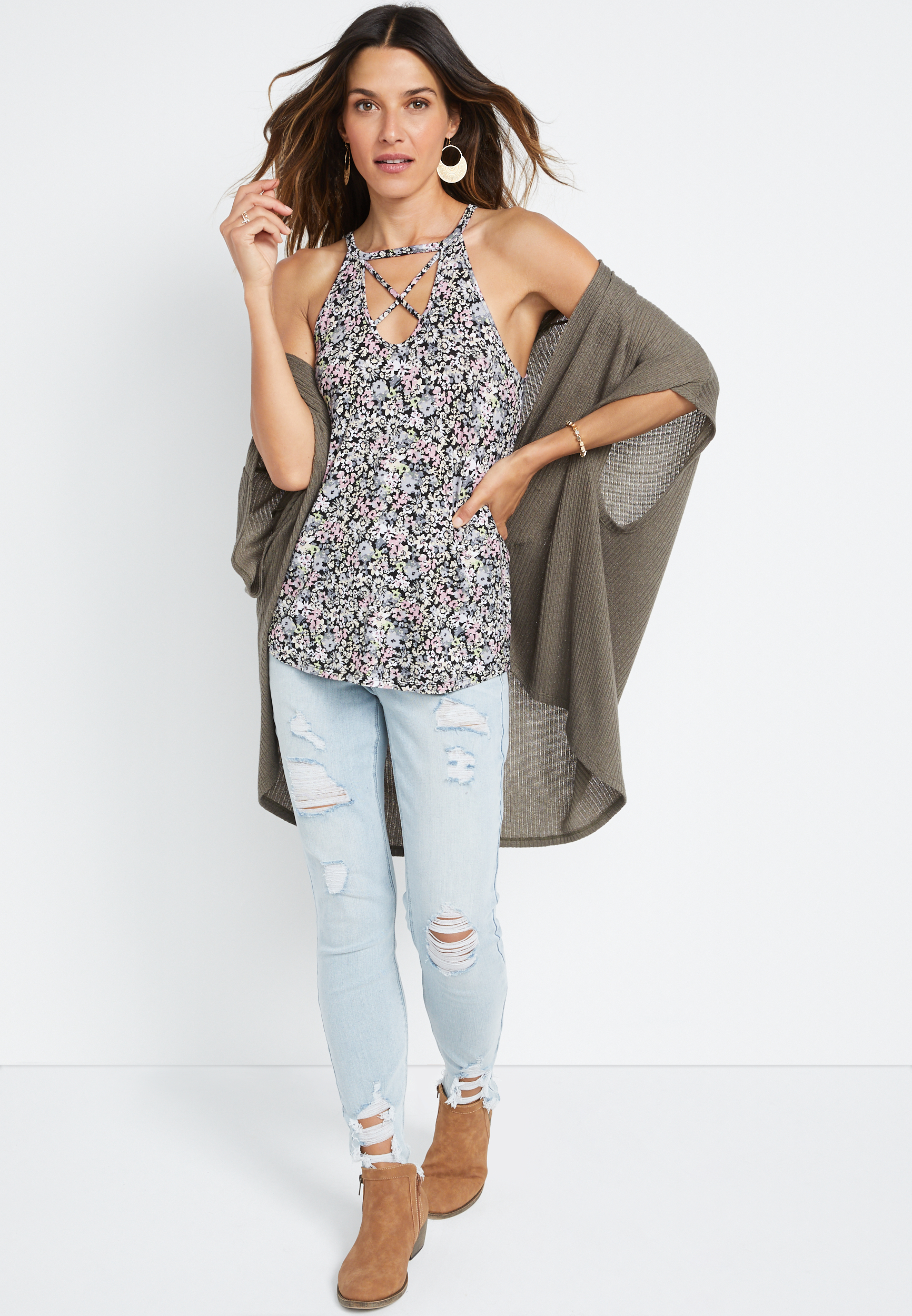 Floral Strappy High Neck Cami, , large
