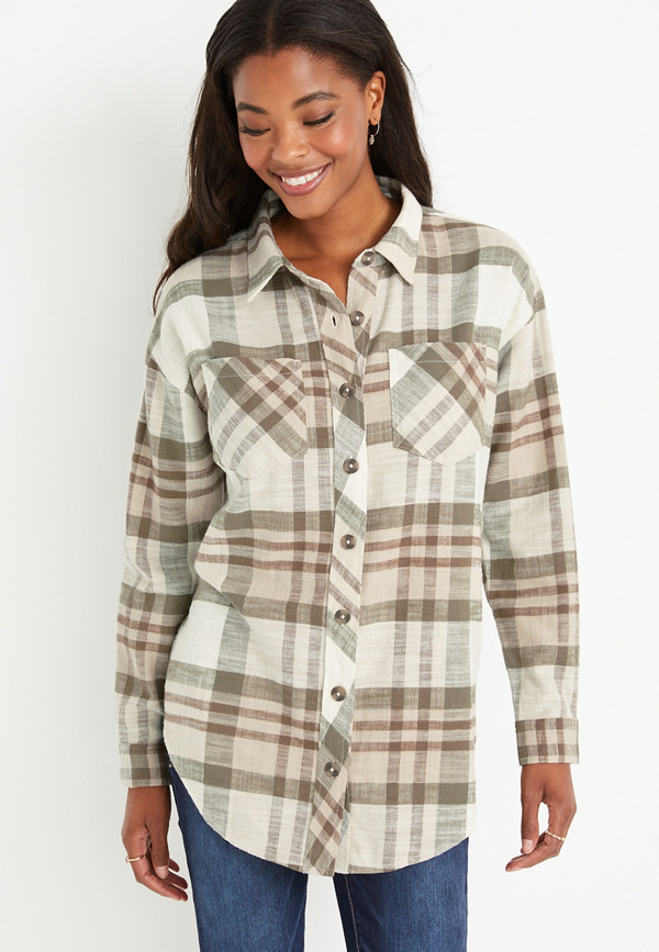 Cabin Plaid Green Oversized Flannel Button Down Shirt | maurices