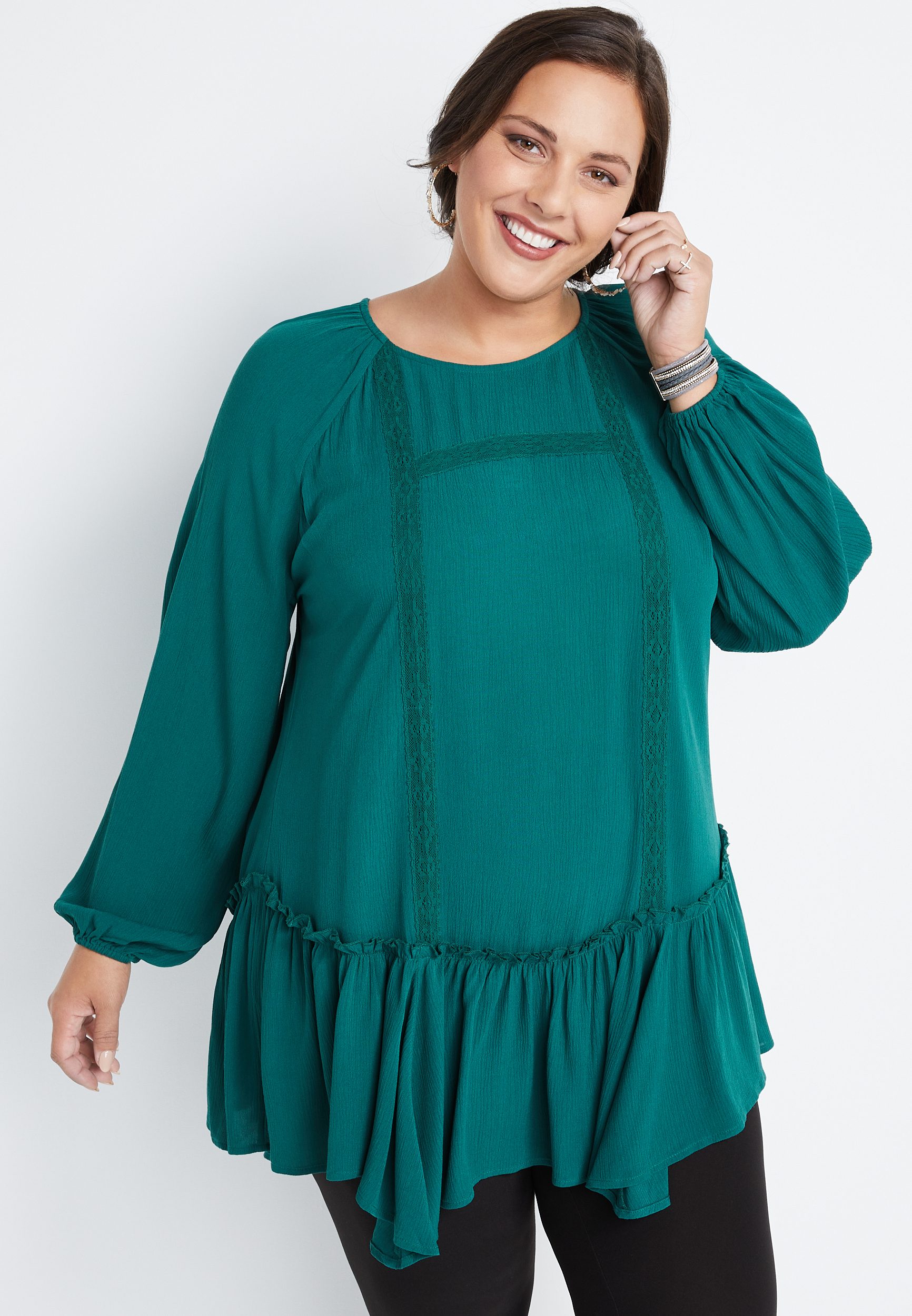 Plus Size Green Lace Long Sleeve Blouse | maurices