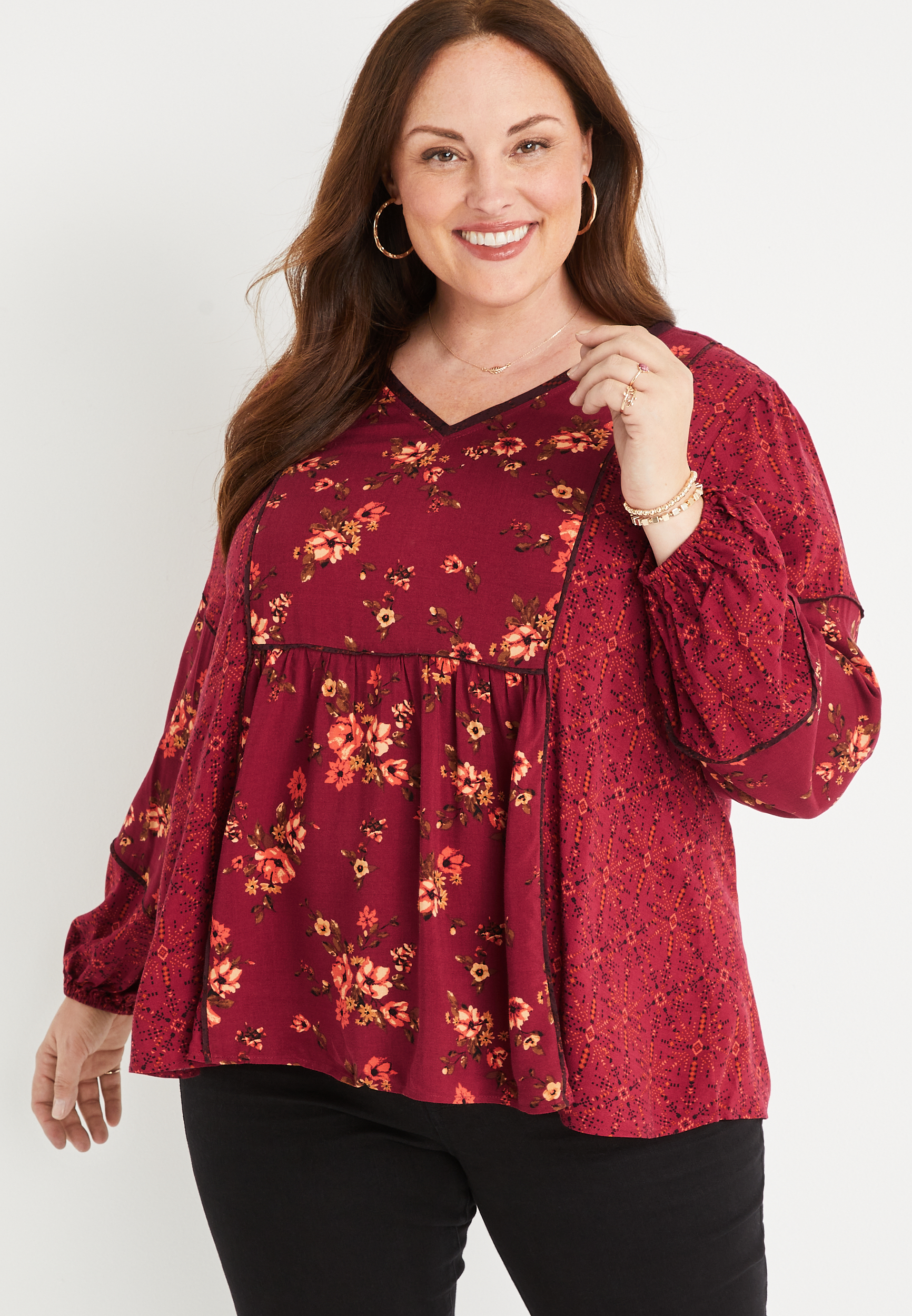 Plus Size Red Floral V Neck Top | maurices