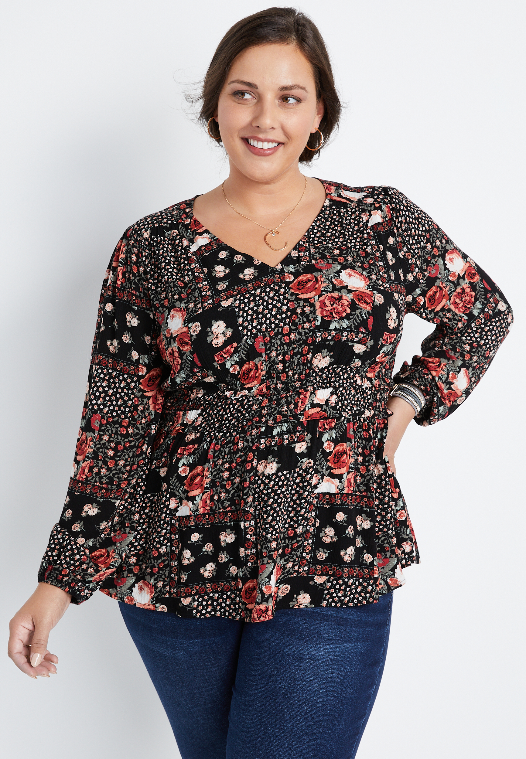 Plus Size Black Floral Ruffle Trim Top | maurices