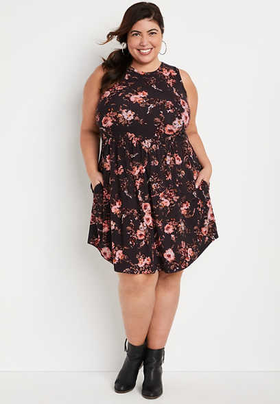 Plus Size 24/7 Floral Empire Waist Fit and Flare Mini Dress