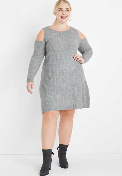 Plus Size Cozy Gray Cold Shoulder Mini Dress