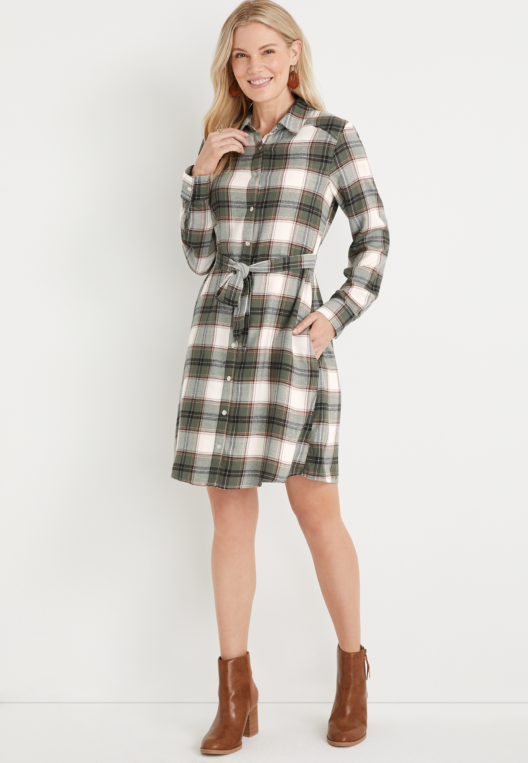 Green Cozy Plaid Tie Waist Mini Dress | maurices