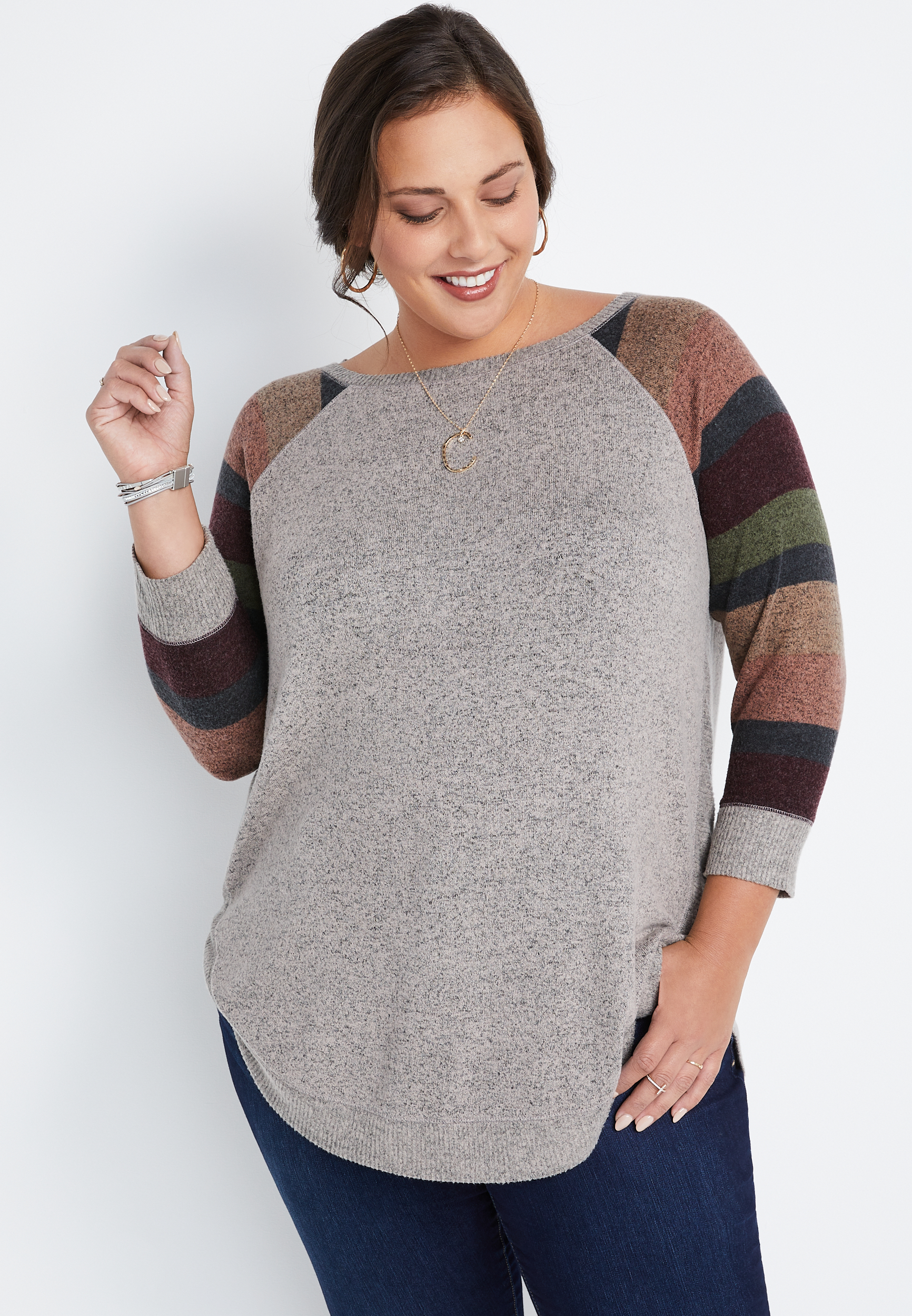 Plus Size Haven Cozy Knit Gray Striped Crew Neck Sweatshirt | maurices