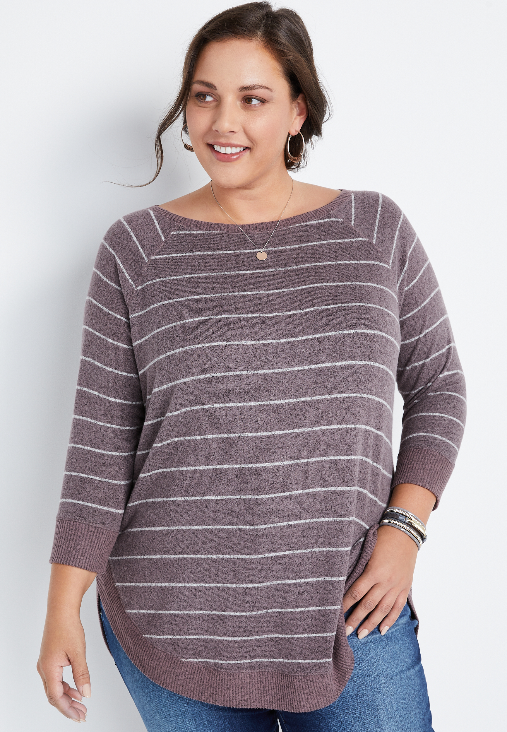 Plus Size Haven Cozy Knit Purple Striped Crew Neck Sweatshirt | maurices