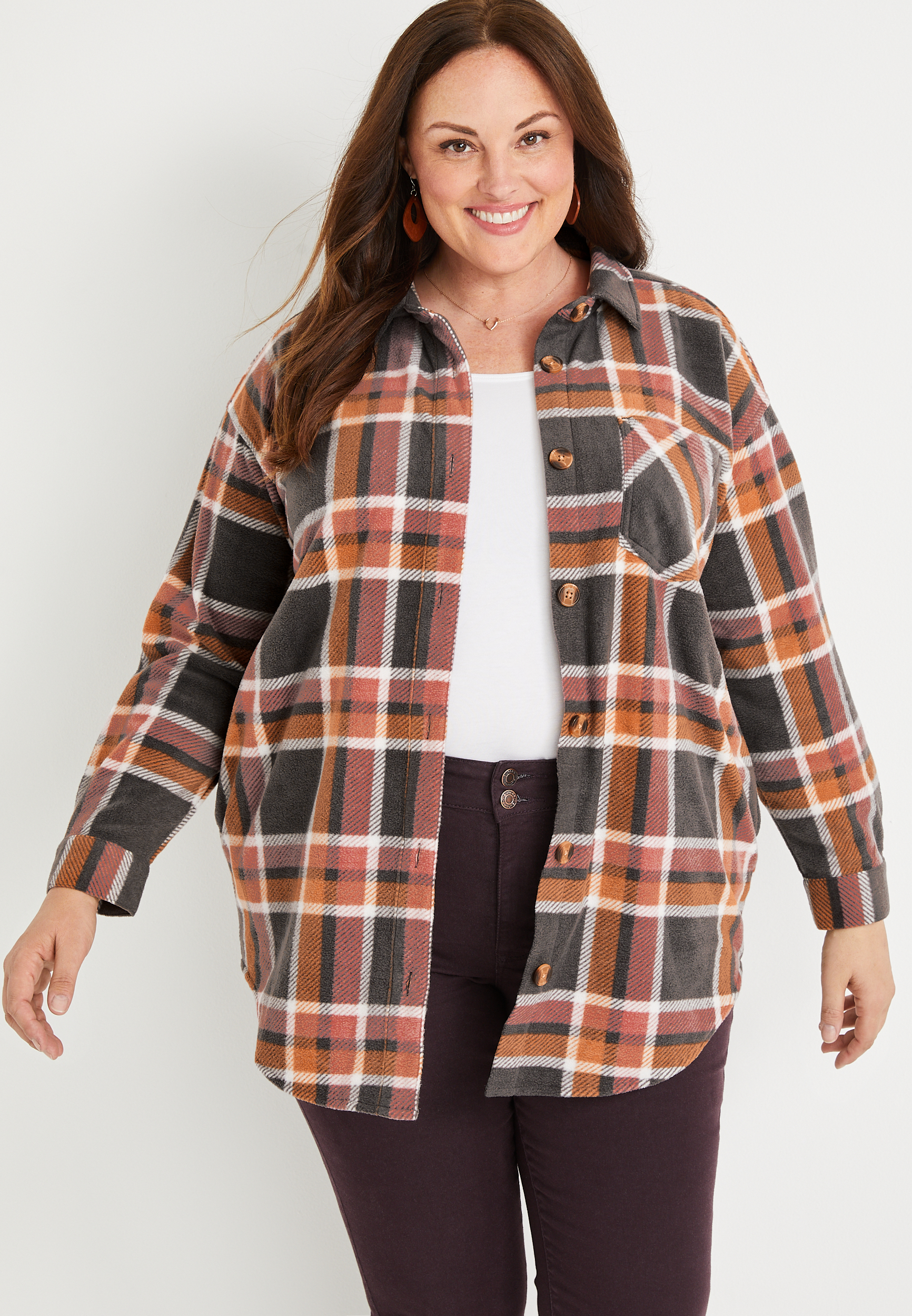 Plus Size Gray Plaid Fleece Shacket | maurices