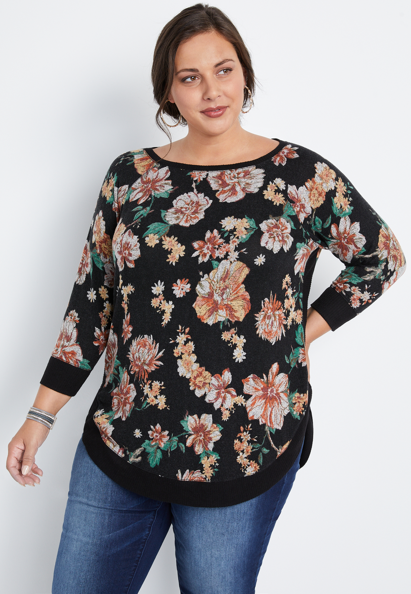 Plus Size Haven Cozy Knit Black Floral Crew Neck Sweatshirt | maurices