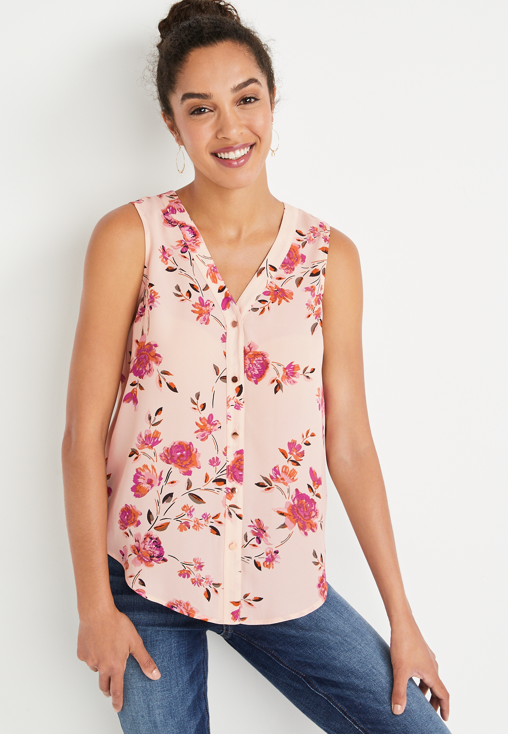 Madison Tan Floral Button Down Tan Floral Tank Top | maurices