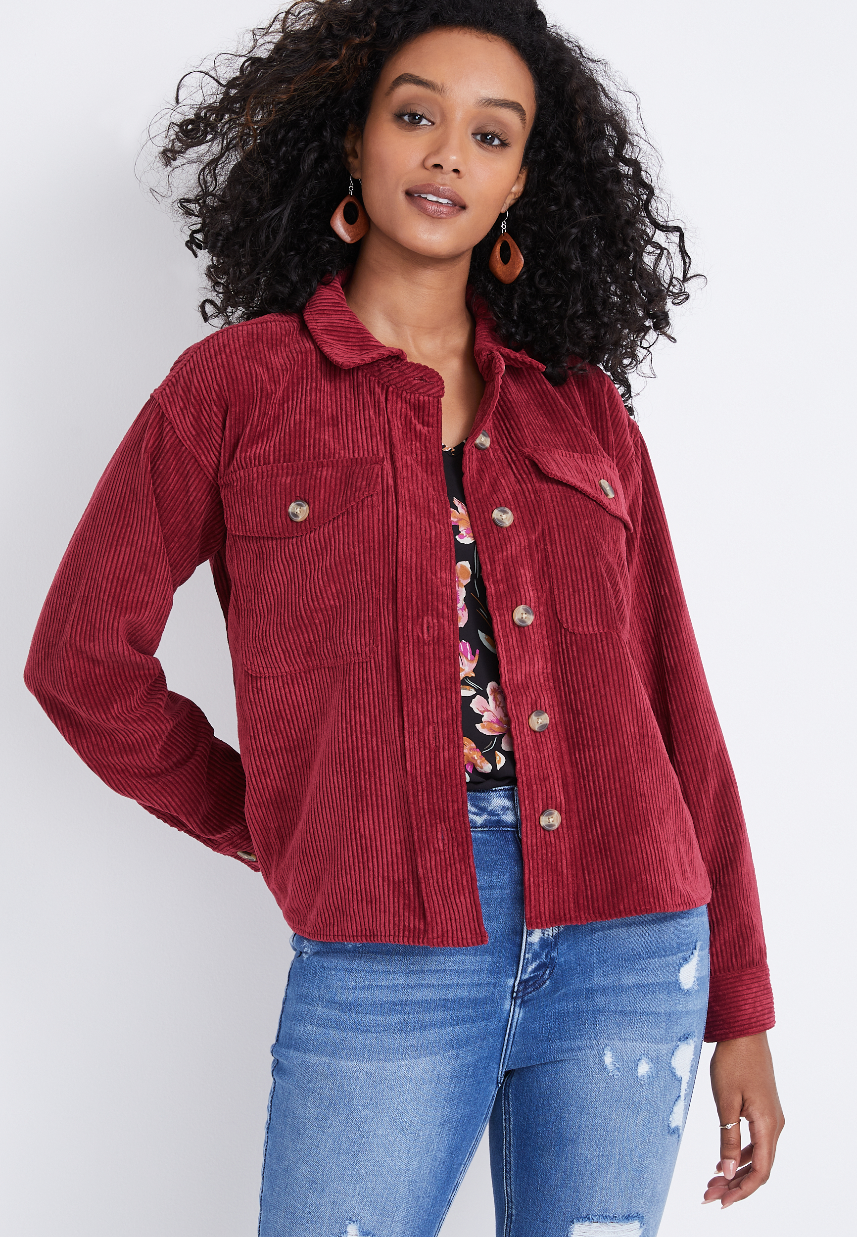 Red Corduroy Cropped Shacket | maurices
