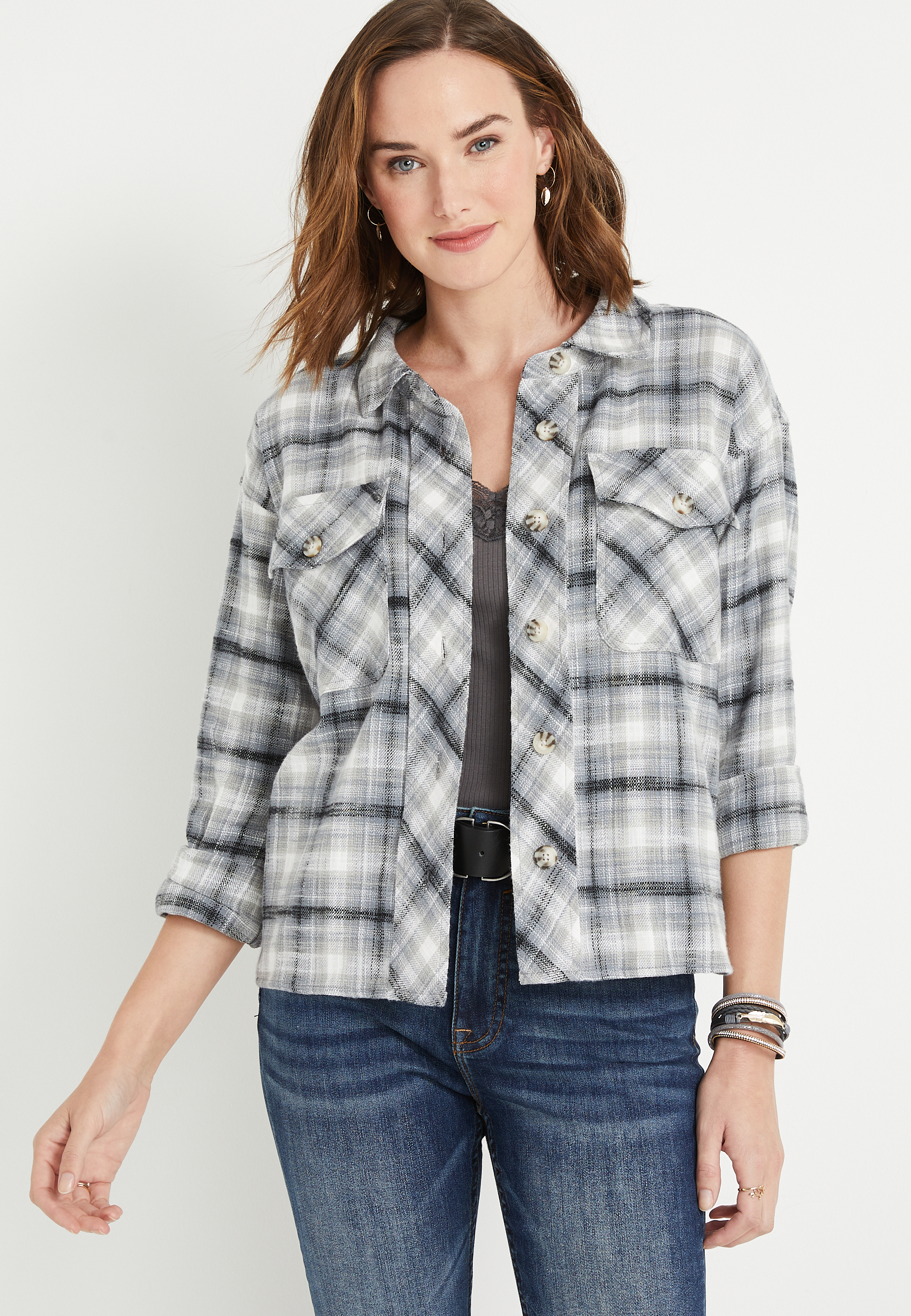 Gray Plaid Cropped Flannel Shacket | maurices