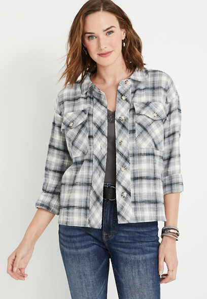 Gray Plaid Cropped Flannel Shacket