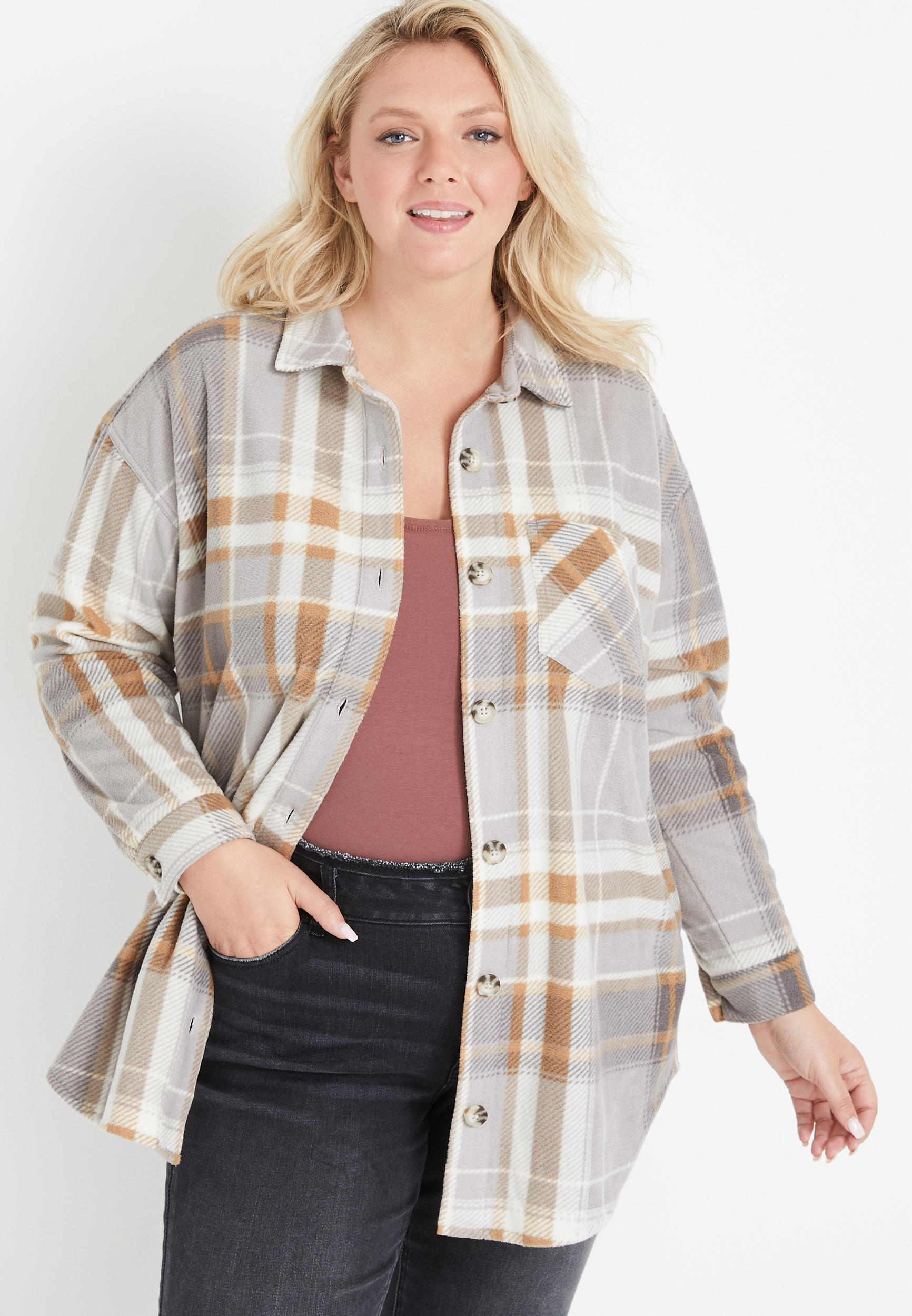 Plus Size Gray Plaid Fleece Shacket | maurices