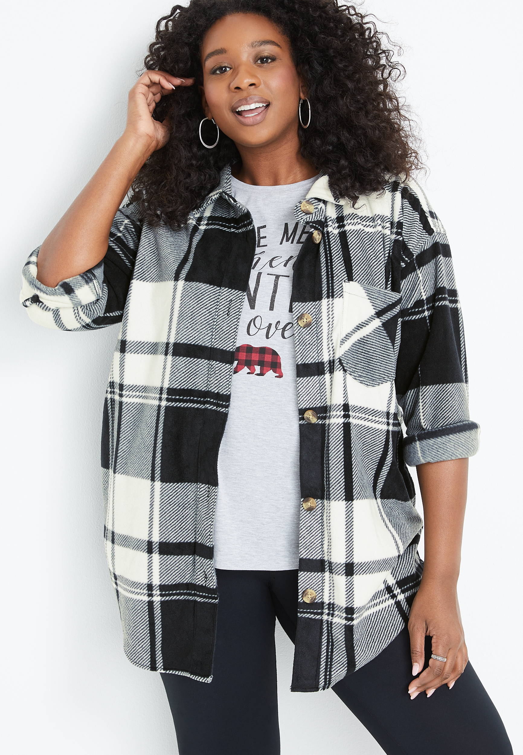 Shacket Plus Size Women's Plus Size Black Plaid Fleece