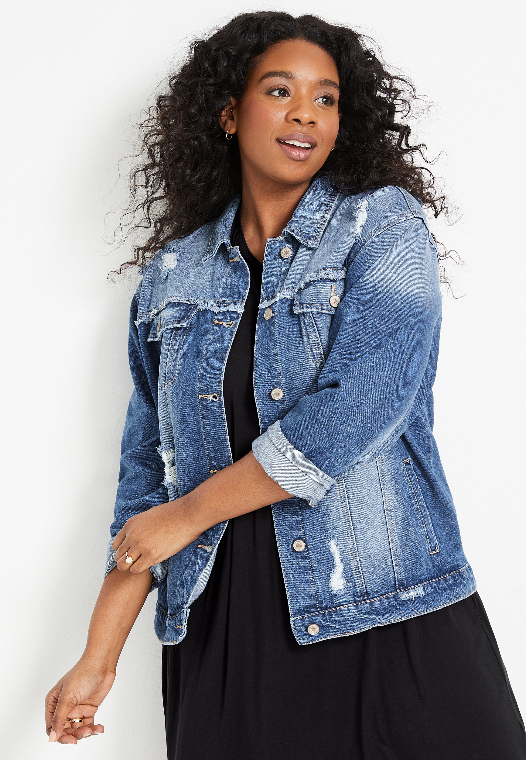 Plus Size KanCan™ Medium Destructed Oversized Denim Jacket | maurices