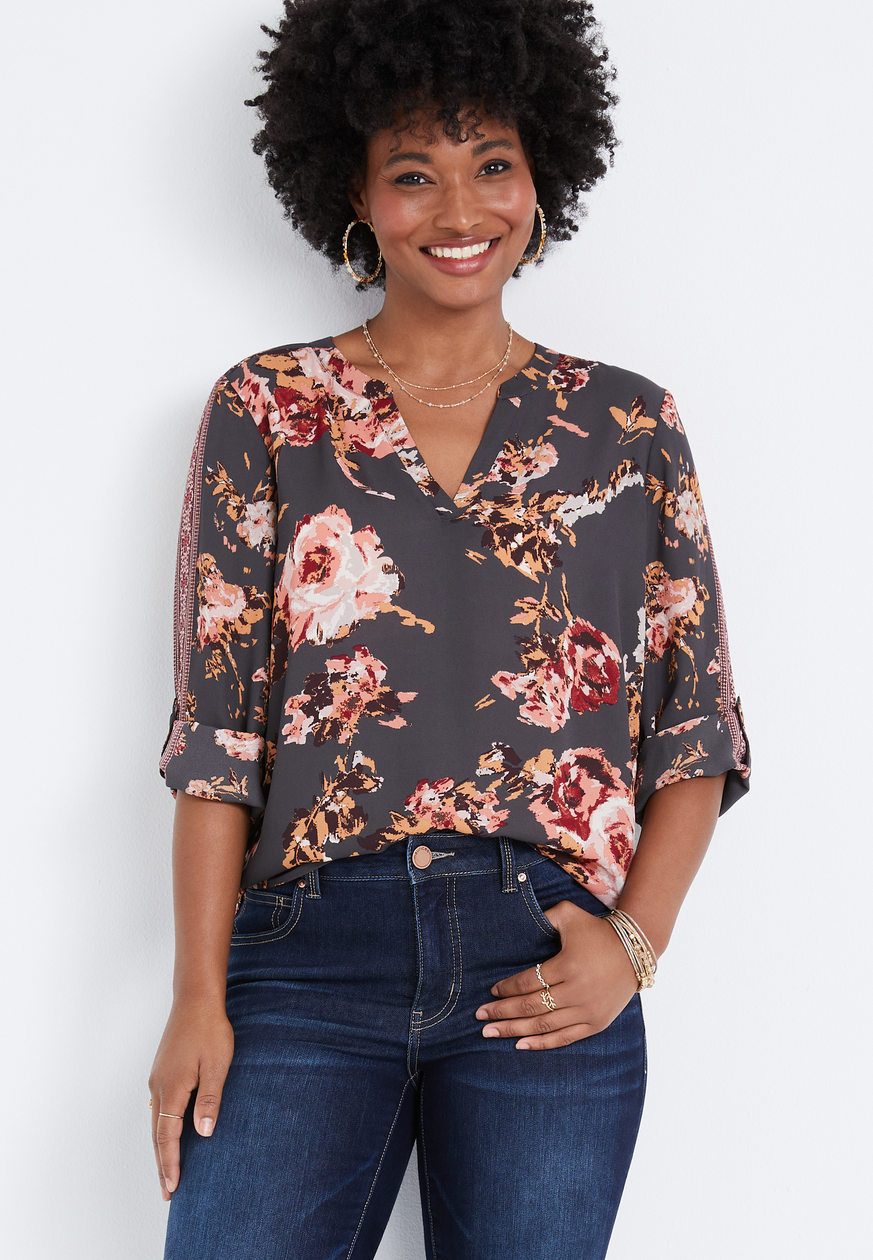 Atwood Gray Floral 3/4 Sleeve Popover Blouse | maurices