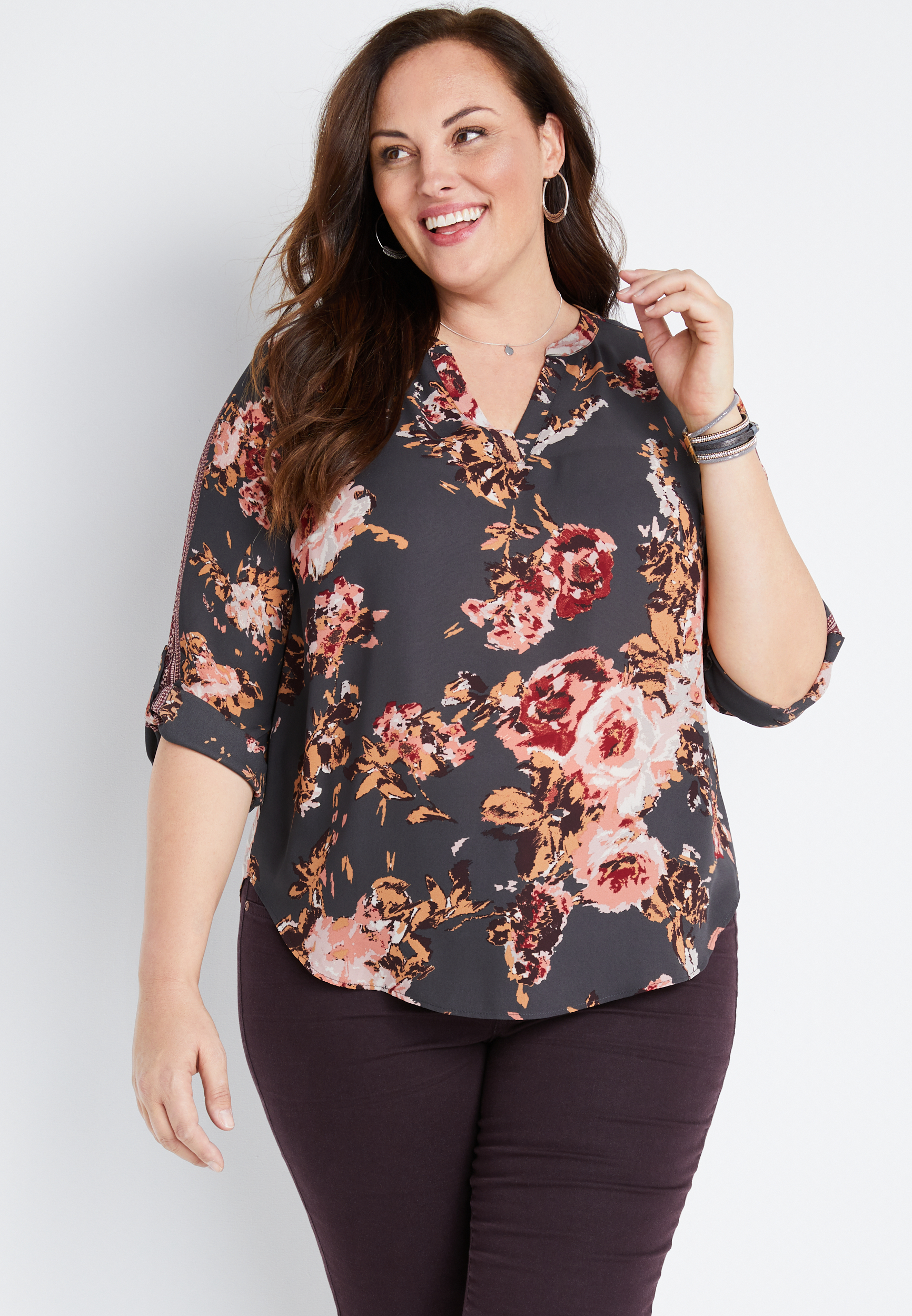 Plus Size Atwood Gray Floral 3/4 Sleeve Popover Blouse | maurices