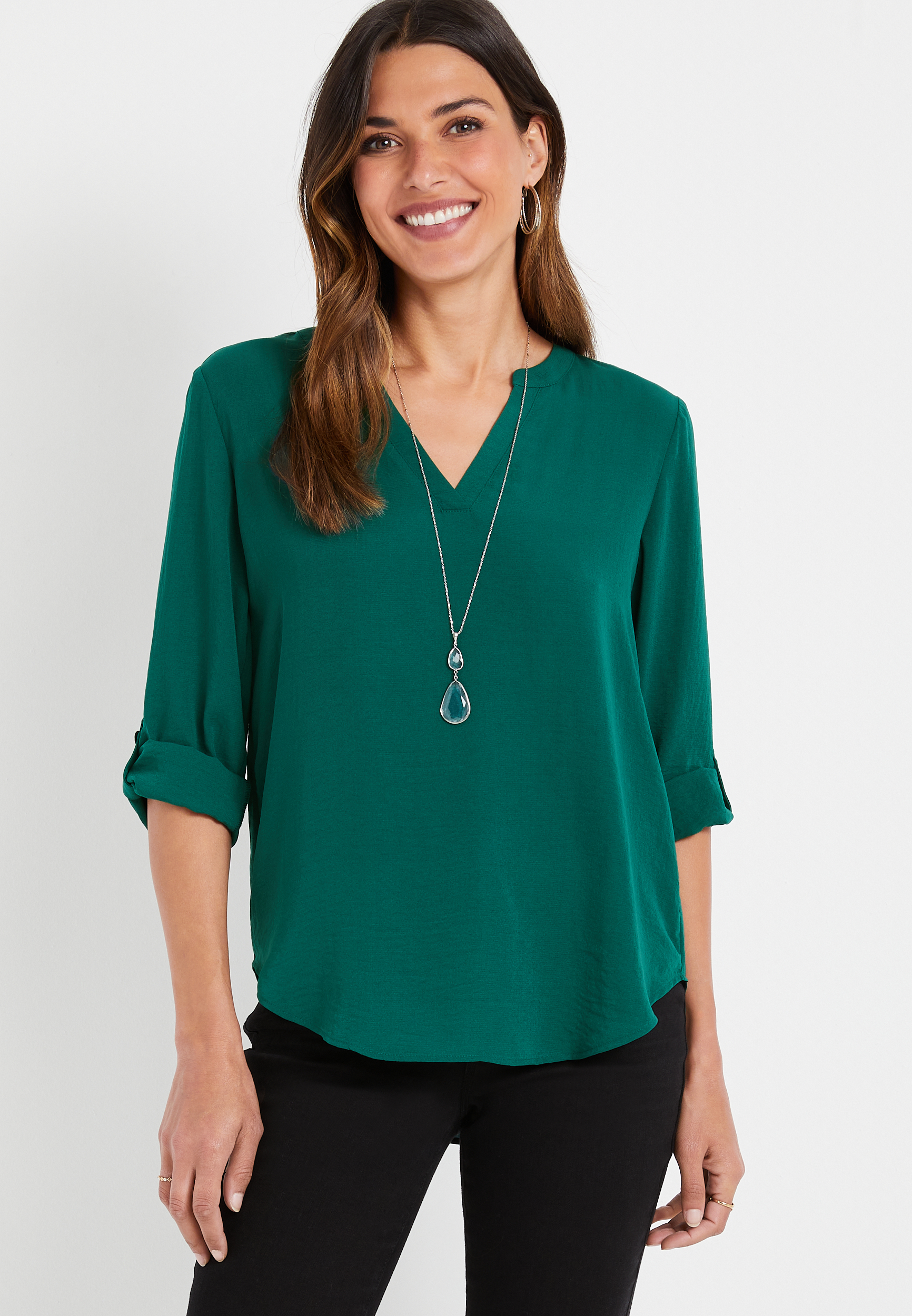 Atwood Dark Green 3/4 Sleeve Popover Blouse | maurices